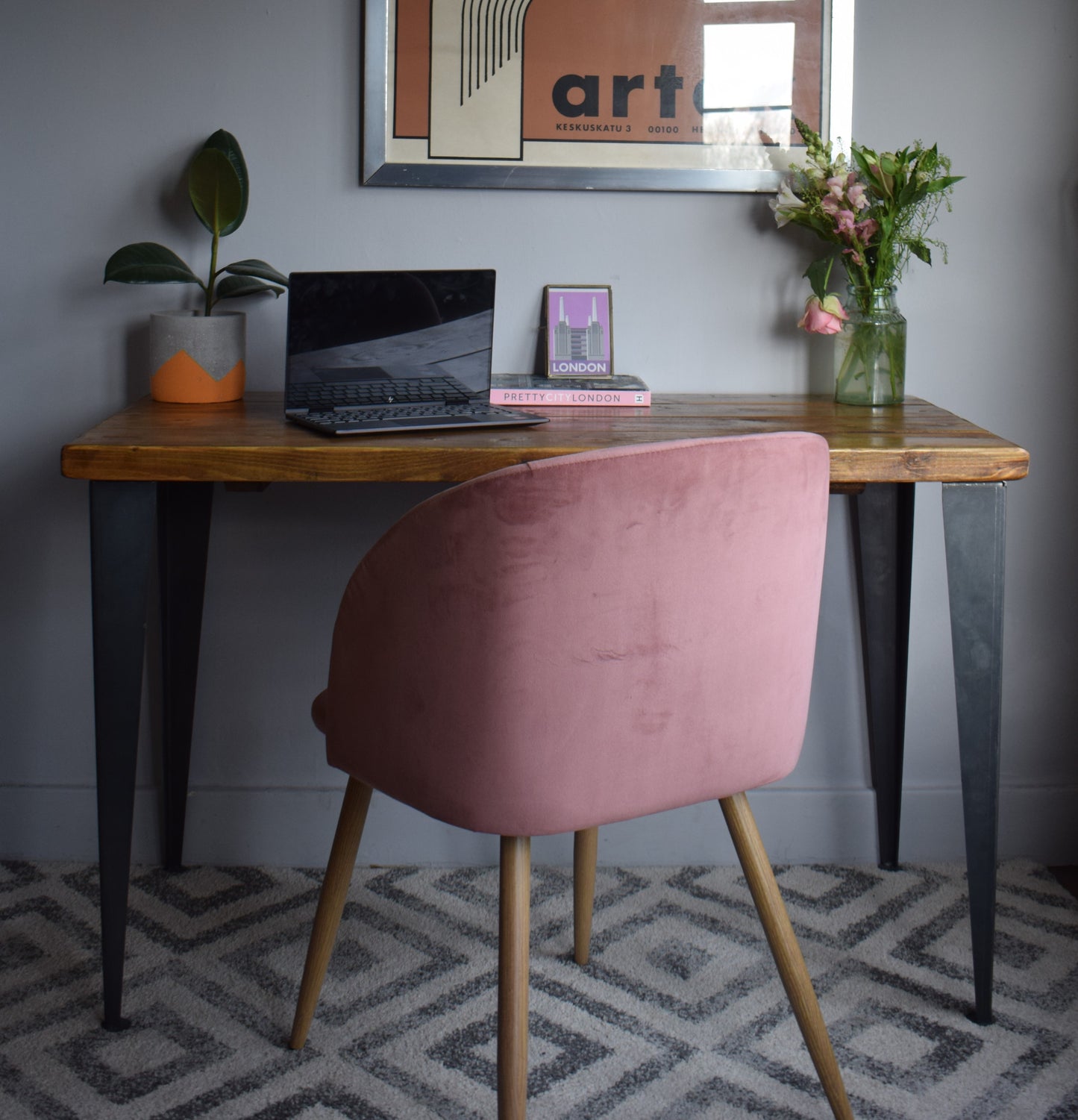 Reclaimed pine desk with T-shaped black steel legs