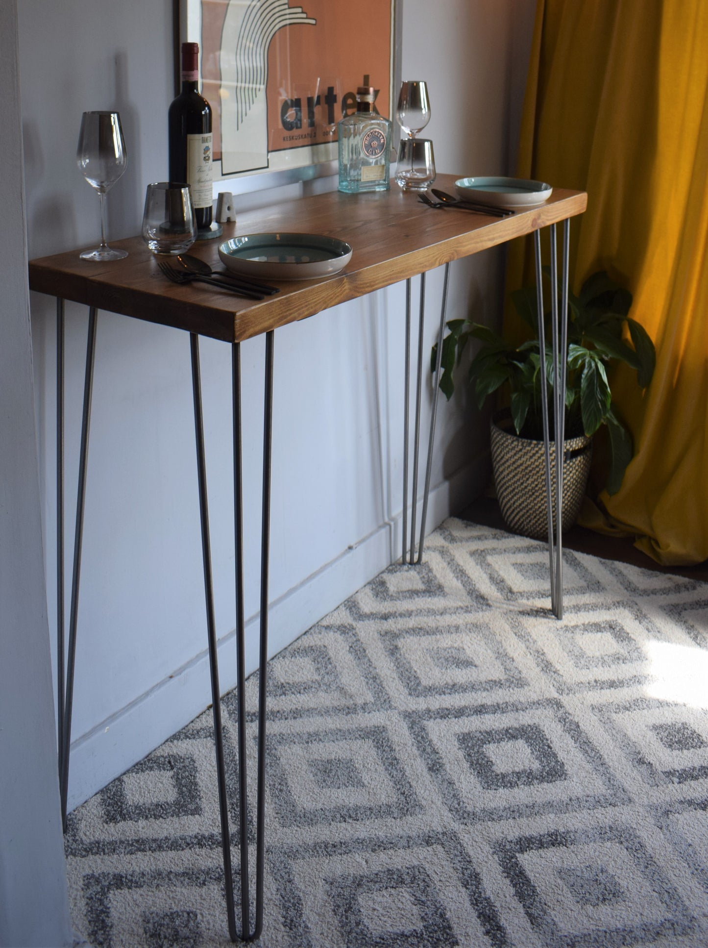 Industrial mid-century modern Scandi breakfast bar with sleek hairpin legs, perfect for a stylish and minimalist kitchen or dining area