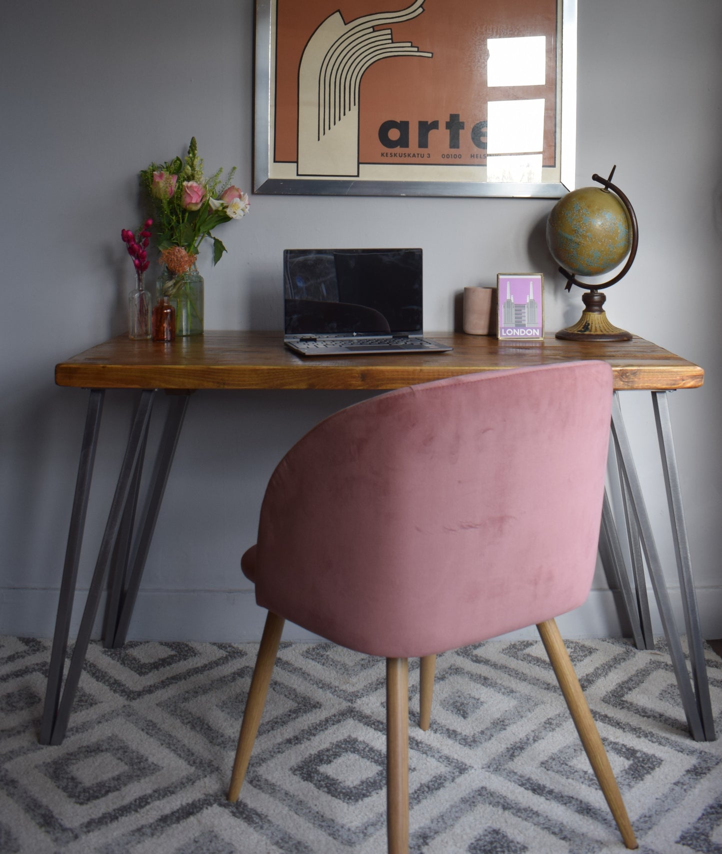 Industrial reclaimed pine desk with sturdy steel box hairpin legs, mid-century modern design, perfect for stylish home office settings