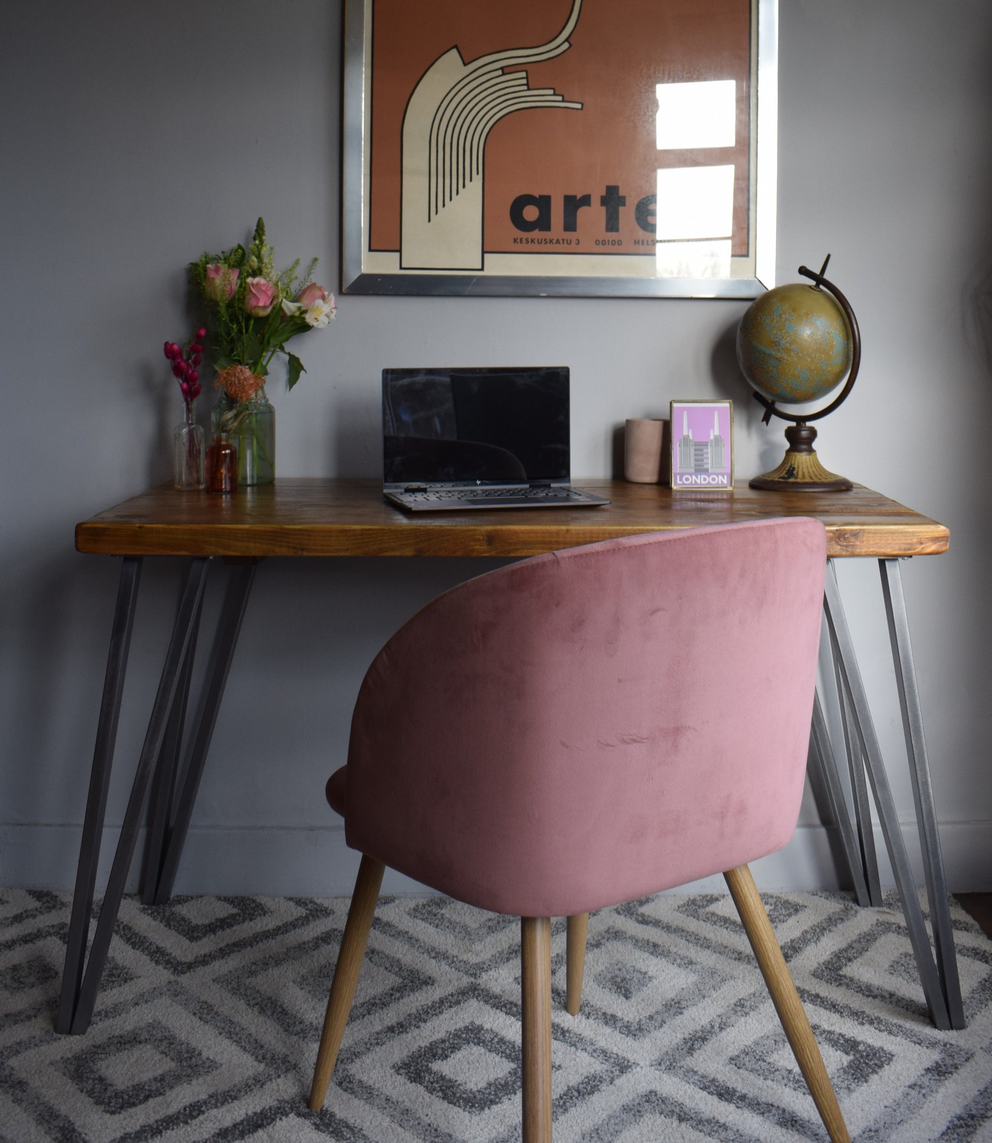 Industrial reclaimed pine desk with sturdy steel box hairpin legs, mid-century modern design, perfect for stylish home office settings