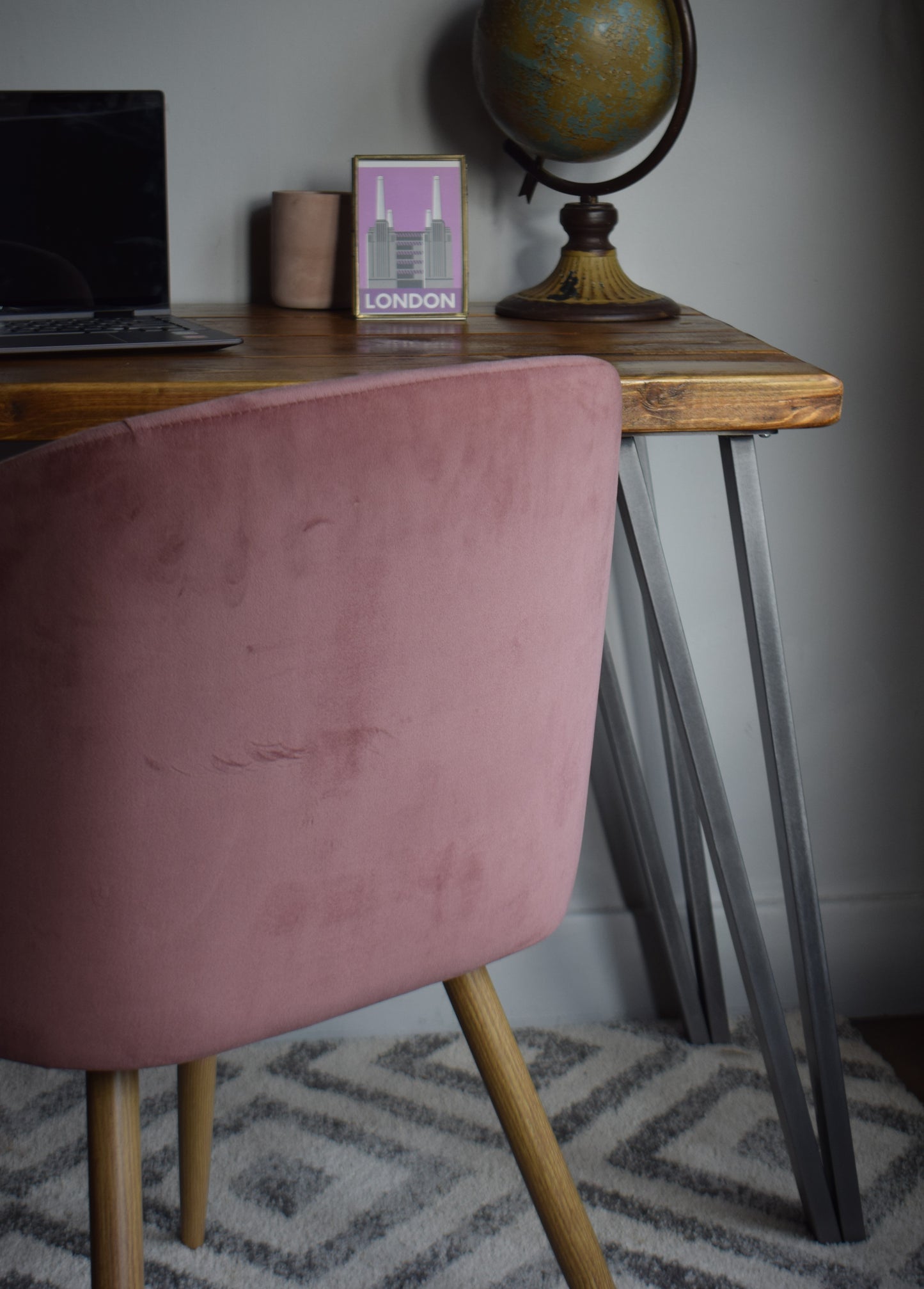 Industrial reclaimed pine desk with sturdy steel box hairpin legs, mid-century modern design, perfect for stylish home office settings