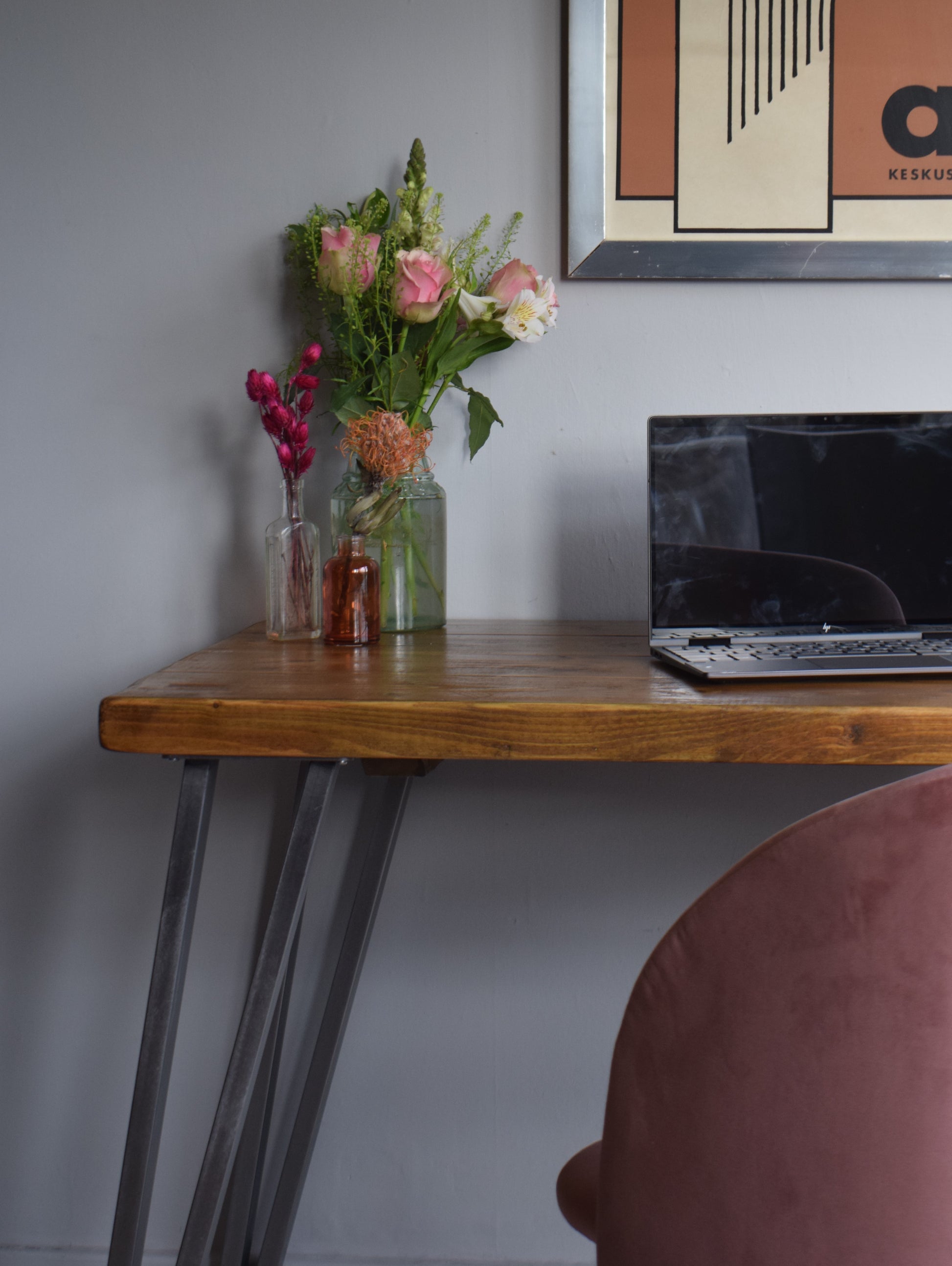 Industrial reclaimed pine desk with sturdy steel box hairpin legs, mid-century modern design, perfect for stylish home office settings