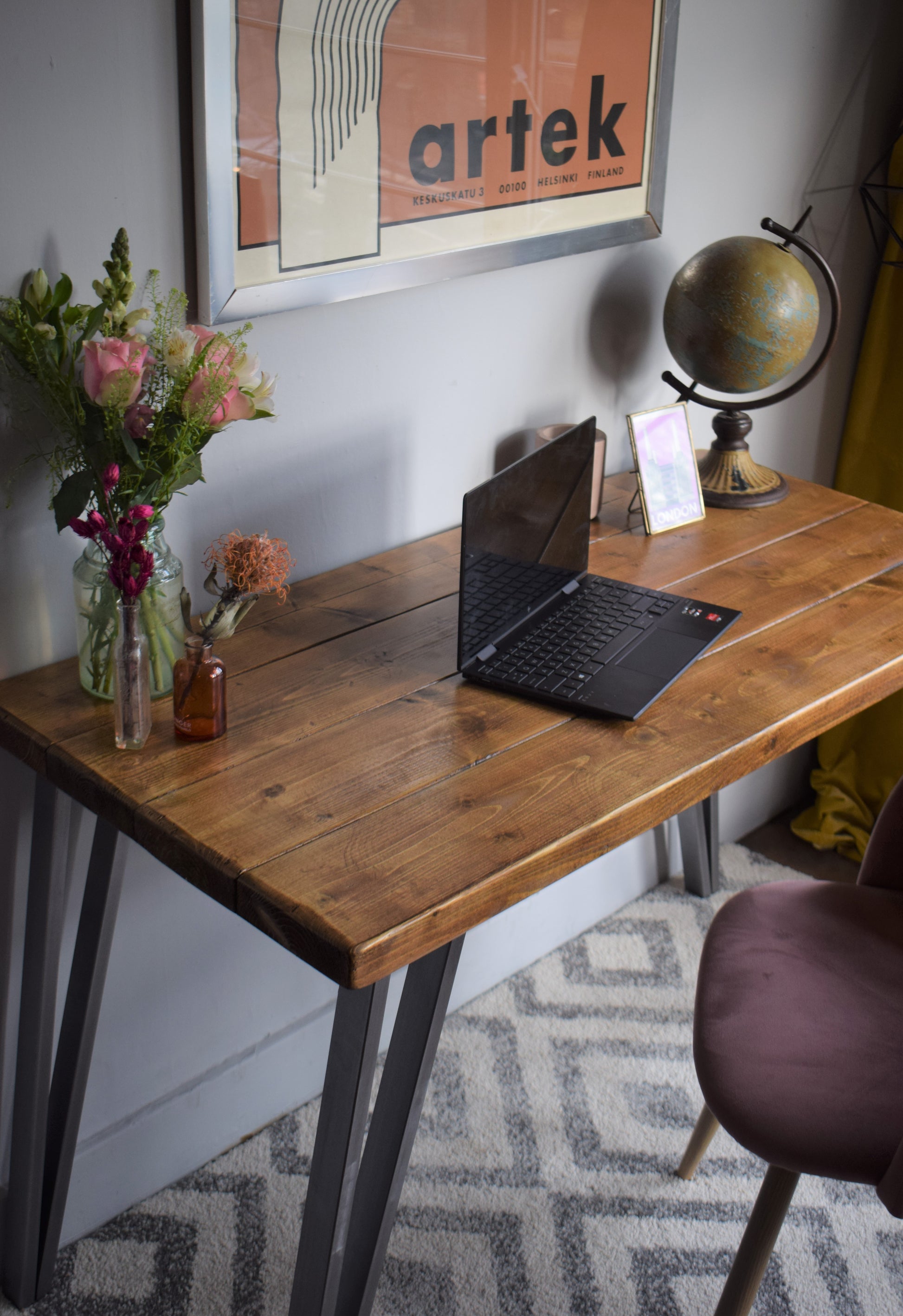 Industrial reclaimed pine desk with sturdy steel box hairpin legs, mid-century modern design, perfect for stylish home office settings