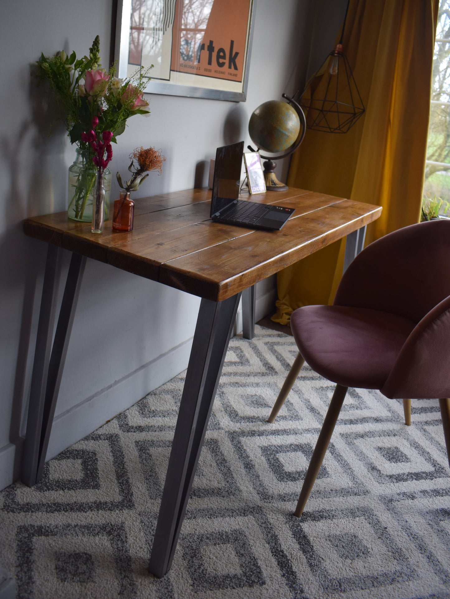 Industrial reclaimed pine desk with sturdy steel box hairpin legs, mid-century modern design, perfect for stylish home office settings