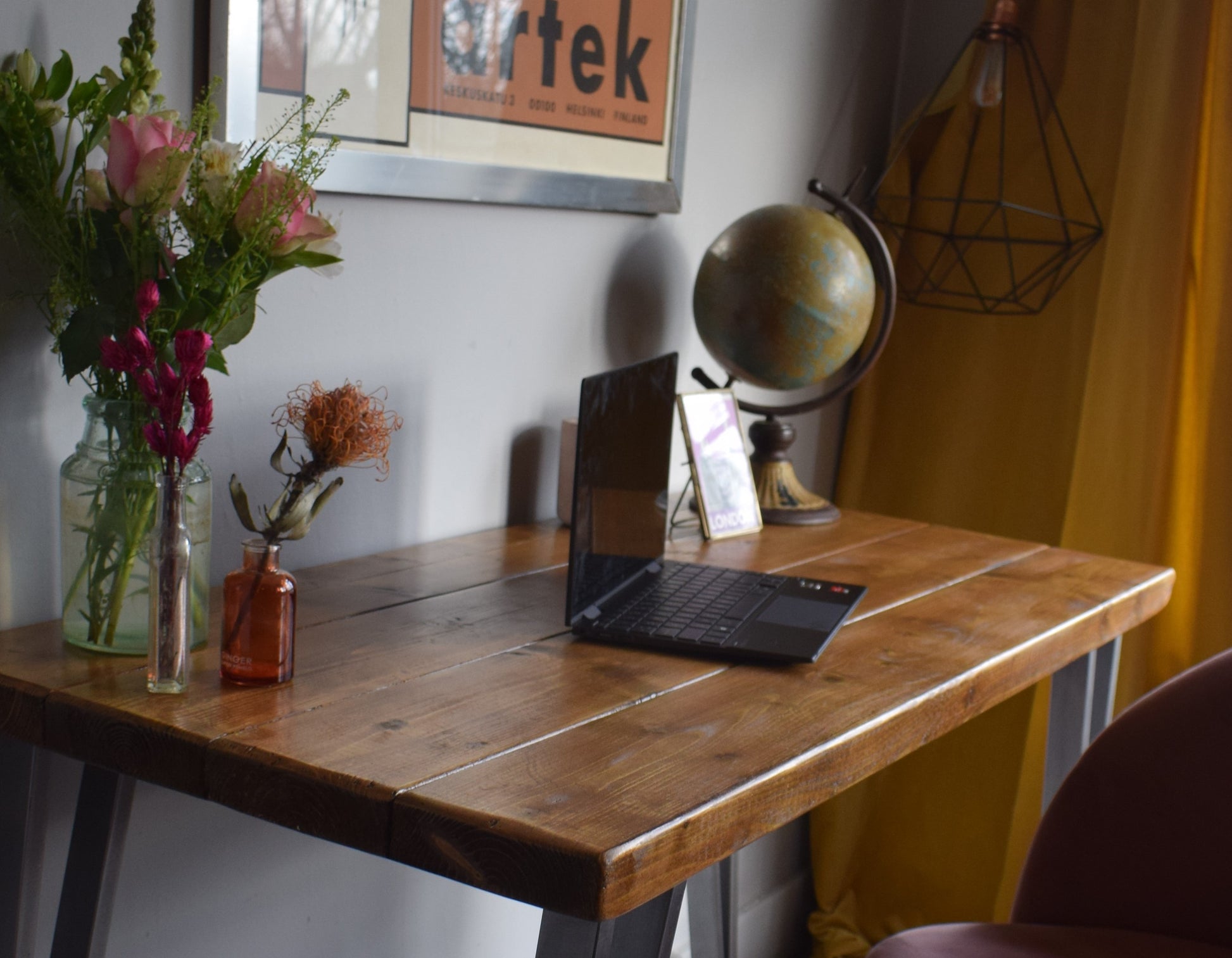 Industrial reclaimed pine desk with sturdy steel box hairpin legs, mid-century modern design, perfect for stylish home office settings