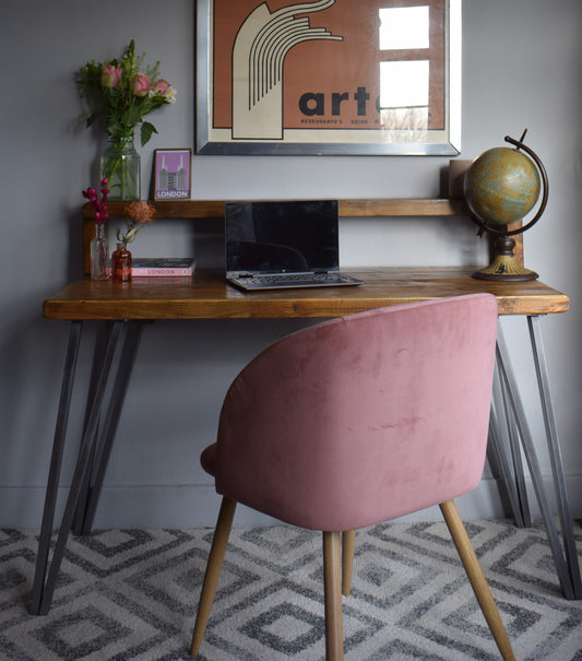 Industrial redwood pine desk with durable steel box hairpin legs and integrated shelf, ideal for a mid-century modern home office