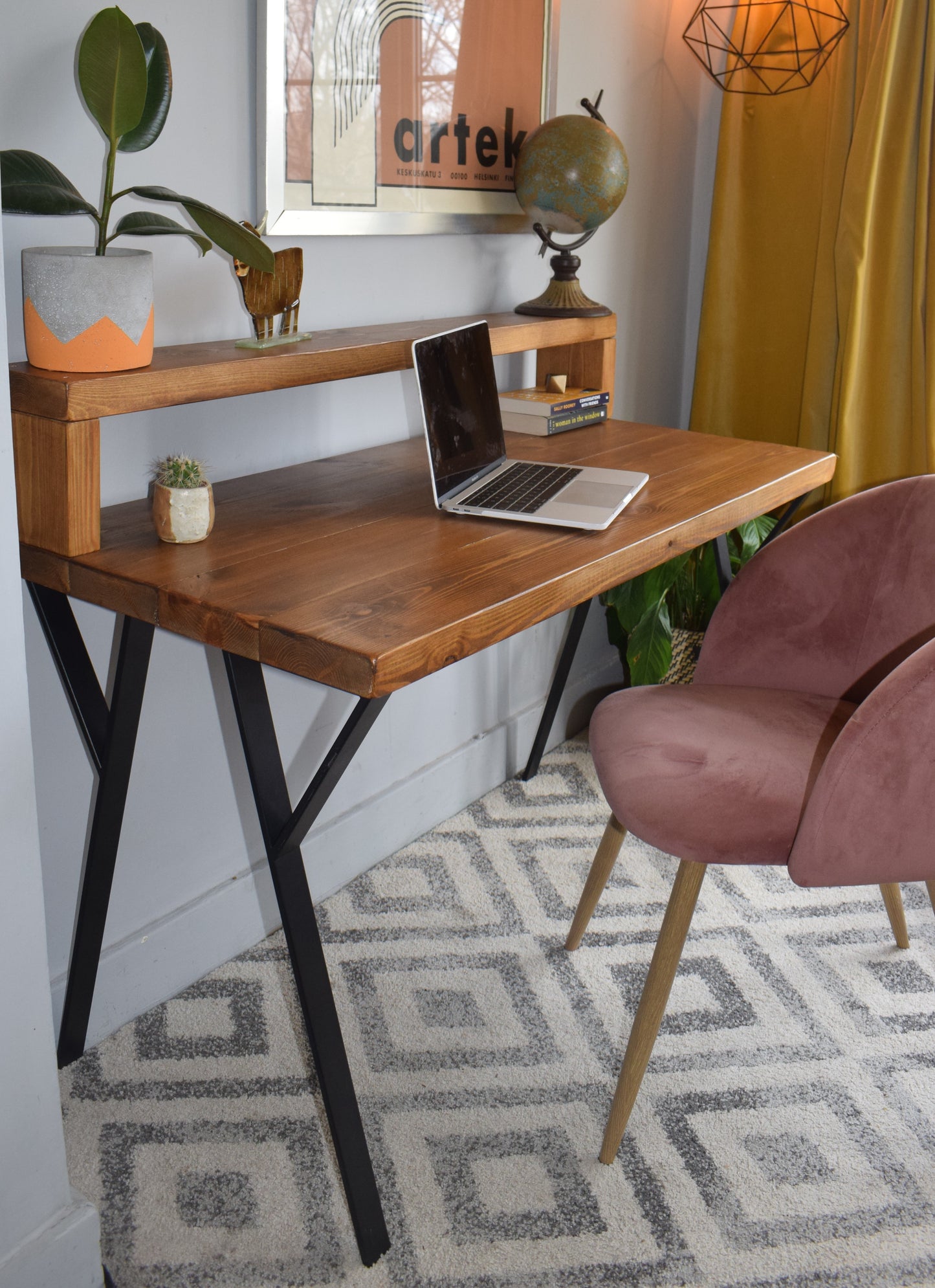 Industrial Redwood Pine Desk with Black Steel Legs and Riser Shelf Dark Oak