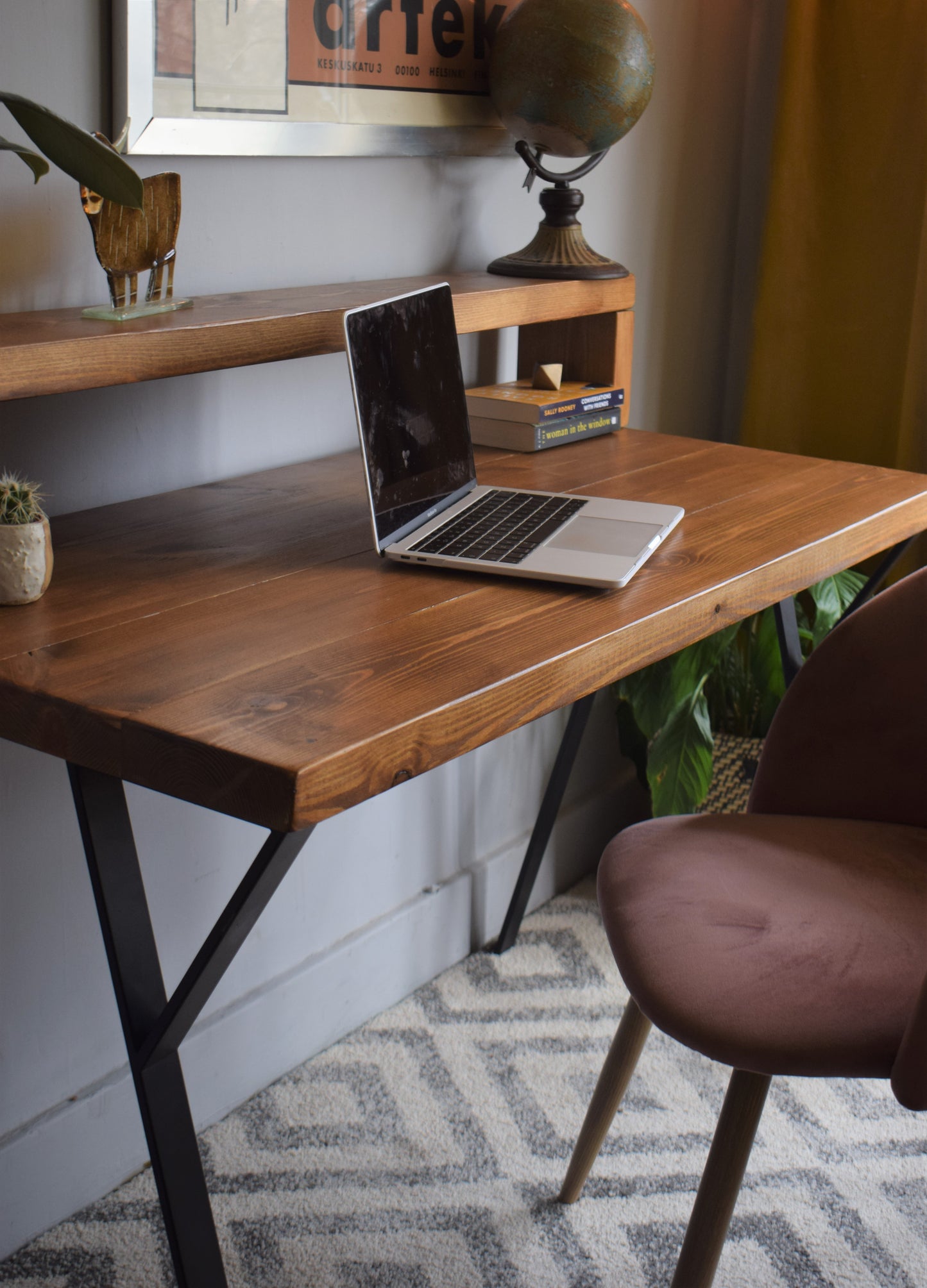 Industrial Redwood Pine Desk with Black Steel Legs and Riser Shelf Dark Oak