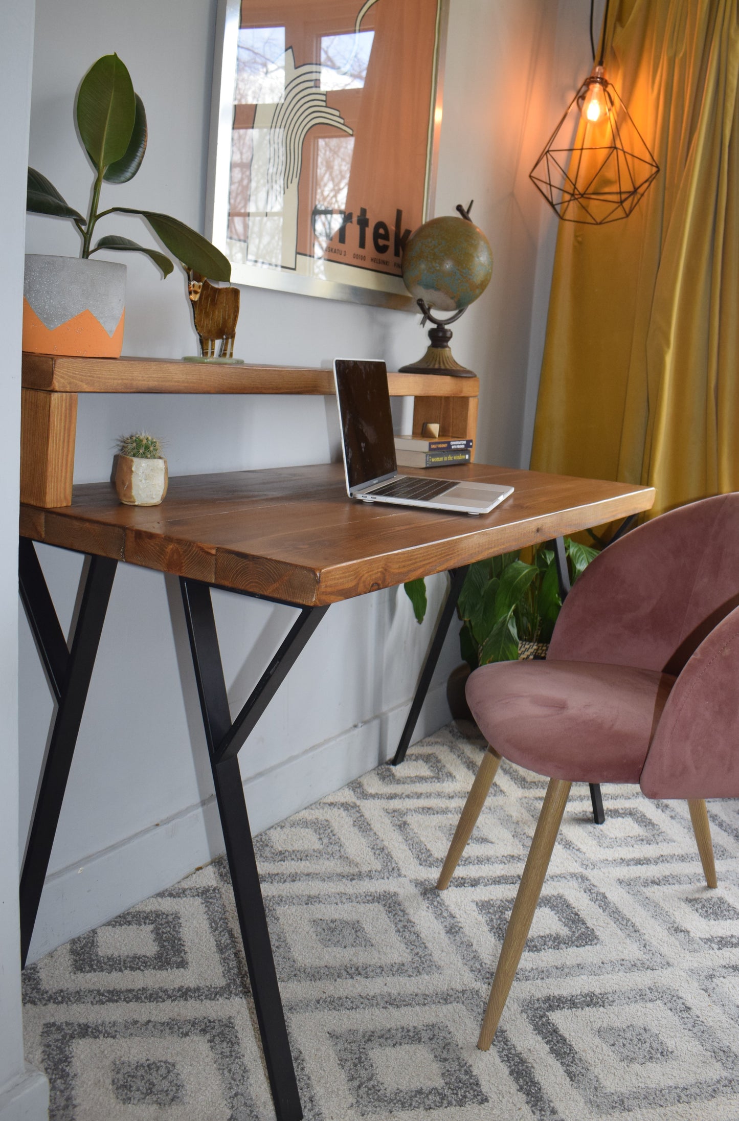 Industrial Redwood Pine Desk with Black Steel Legs and Riser Shelf Dark Oak