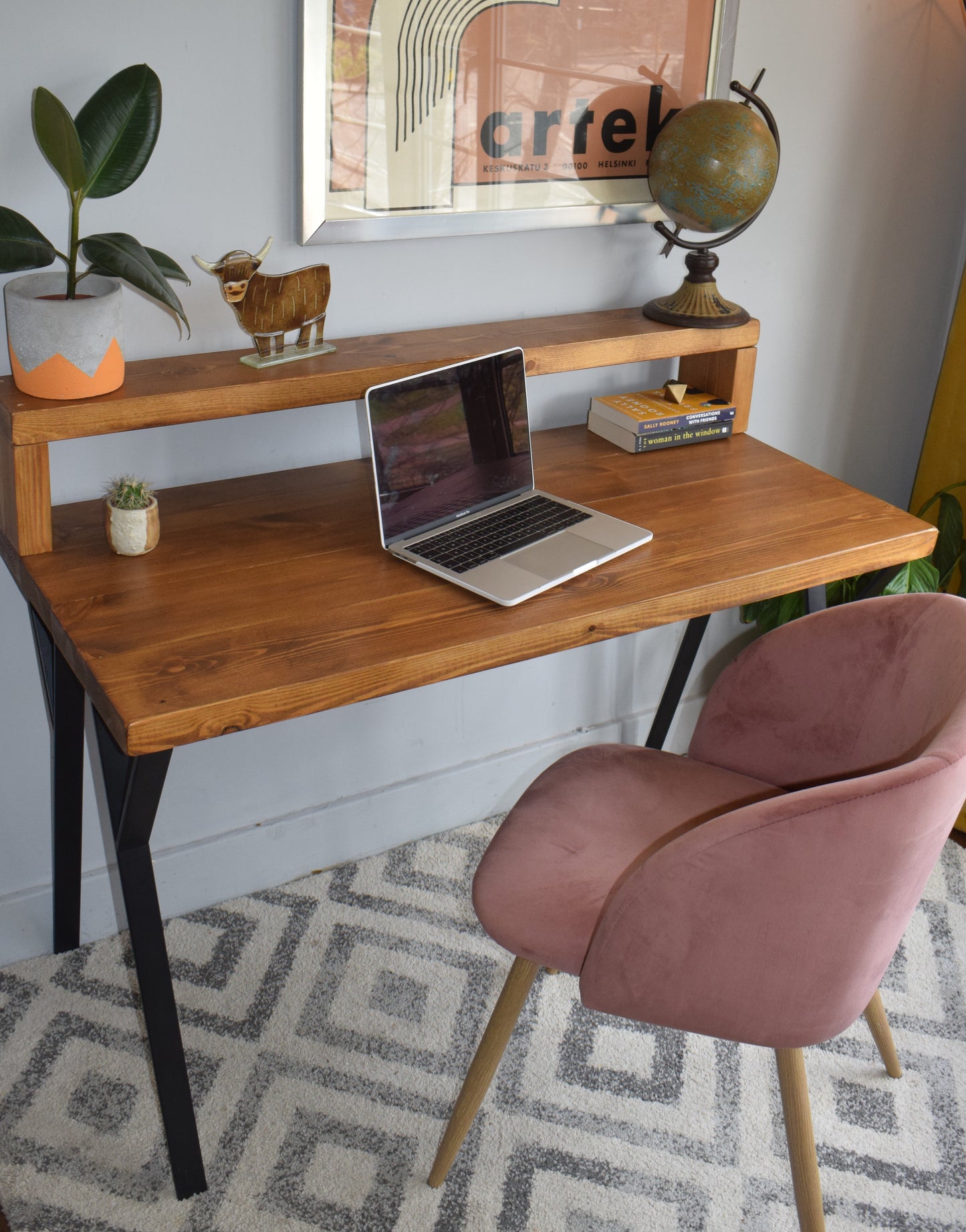 Industrial Redwood Pine Desk with Black Steel Legs and Riser Shelf Dark Oak