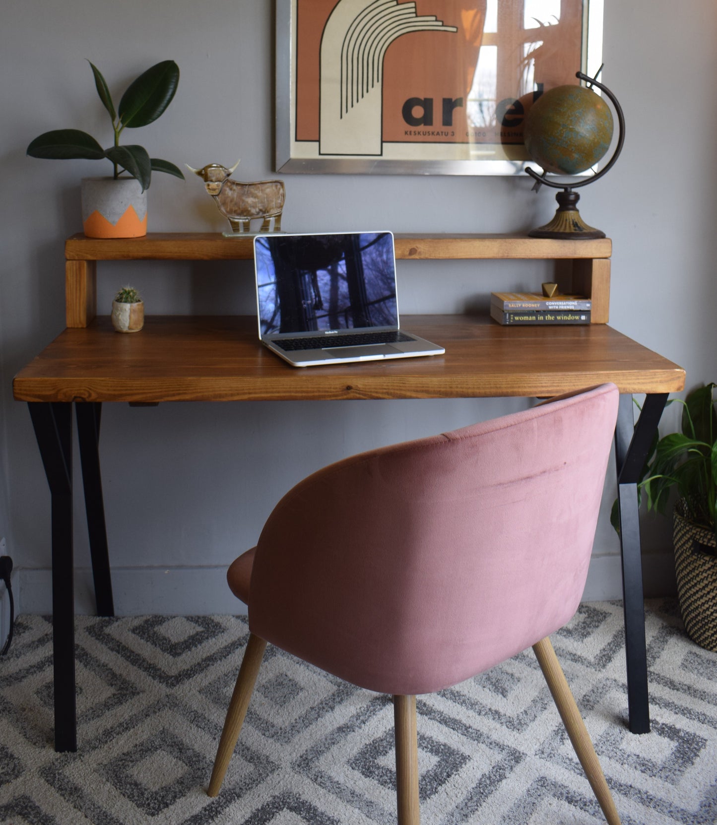 Industrial Redwood Pine Desk with Black Steel Legs and Riser Shelf Dark Oak