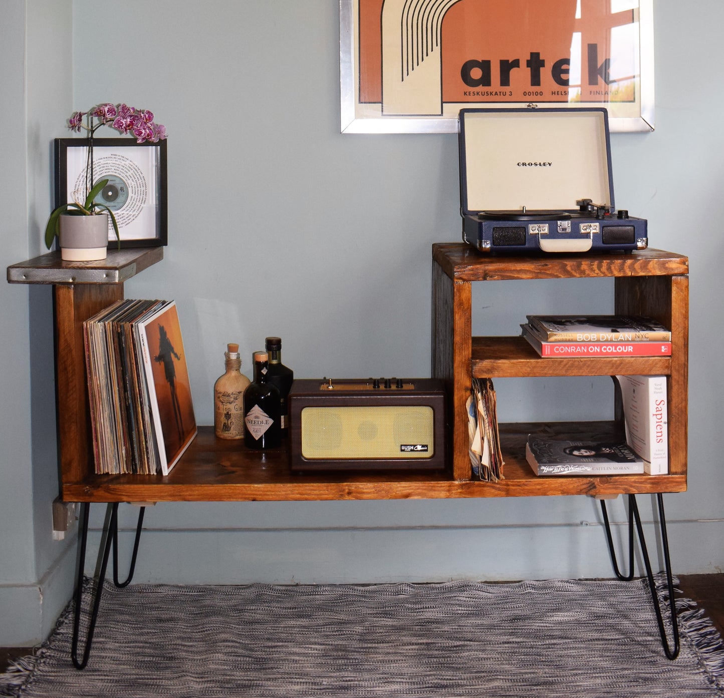 Industrial Reclaimed Scaffold Board Sideboard Vinyl Storage with Black Steel Hairpin Legs - Mid-Century Modern Home Furniture |Scandi Design|