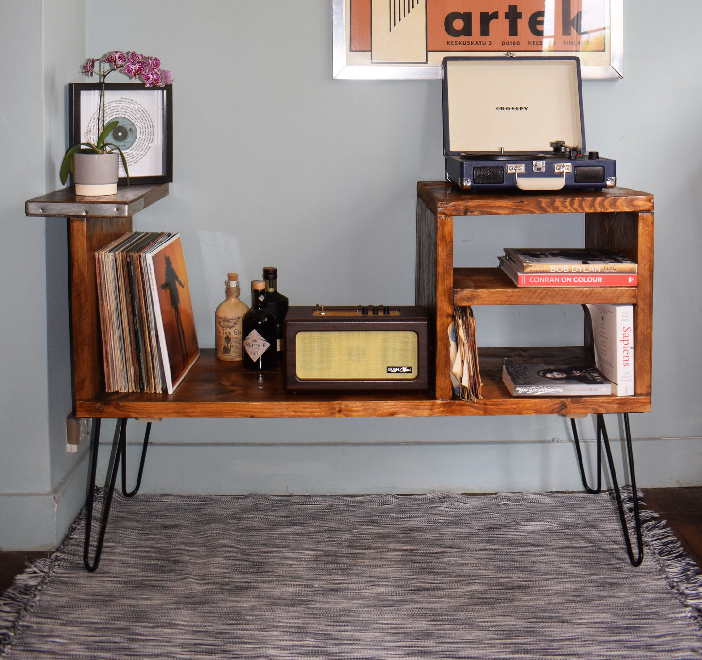 Industrial Reclaimed Scaffold Board Sideboard Vinyl Storage with Black Steel Hairpin Legs - Mid-Century Modern Home Furniture |Scandi Design|