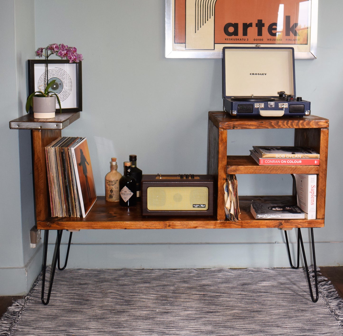 Industrial Reclaimed Scaffold Board Sideboard Vinyl Storage with Black Steel Hairpin Legs - Mid-Century Modern Home Furniture |Scandi Design|