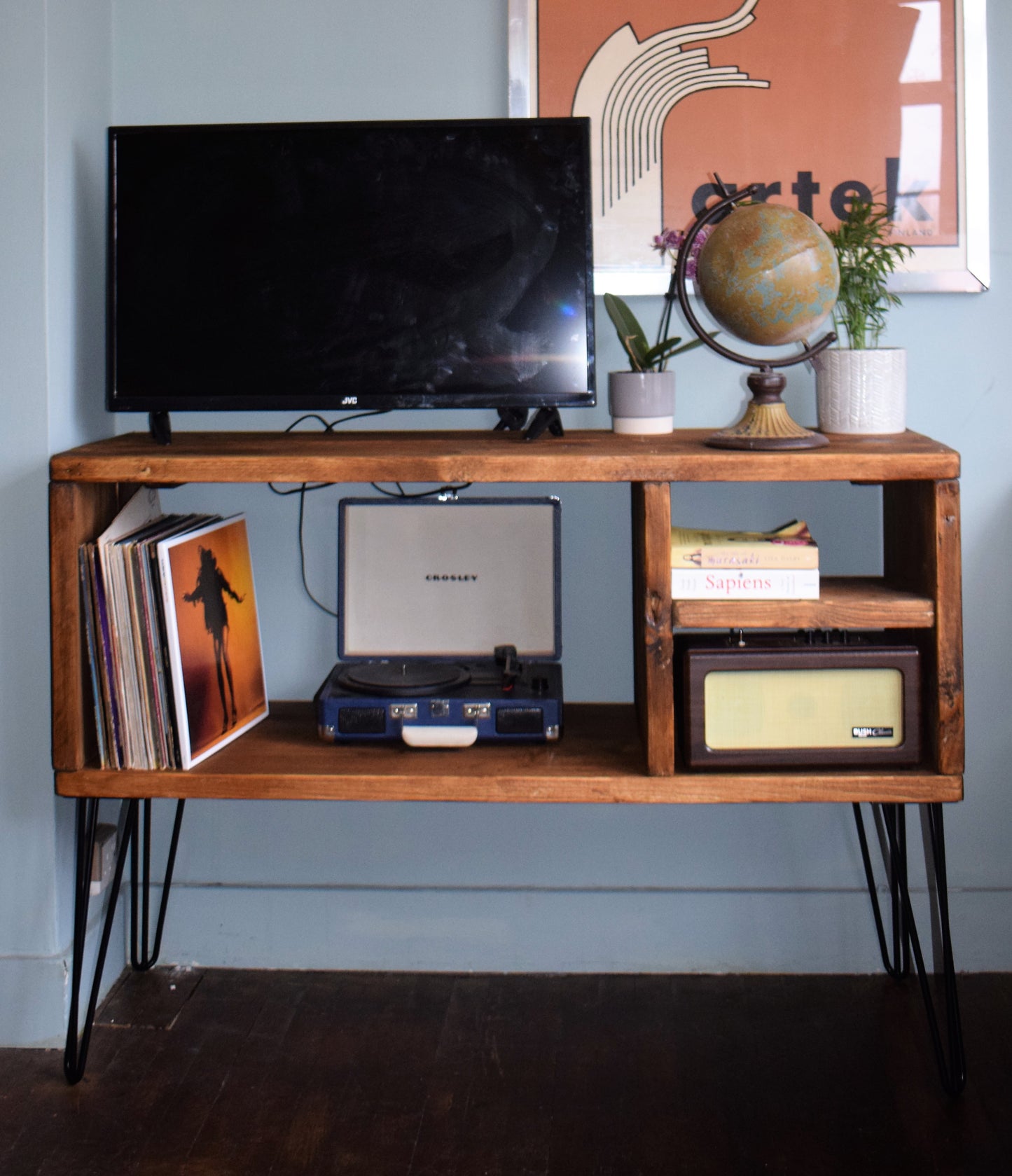 Industrial Reclaimed Scaffold Board Sideboard Vinyl Storage with Black Steel Hairpin Legs - Mid-Century Modern Home Furniture|Scandi Design|