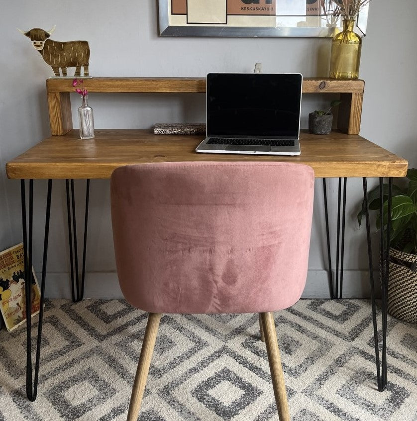 Industrial Redwood Pine Desk with Black Steel Hairpin Legs and Riser Shelf – Customisable Mid-Century Modern Workspace Solution