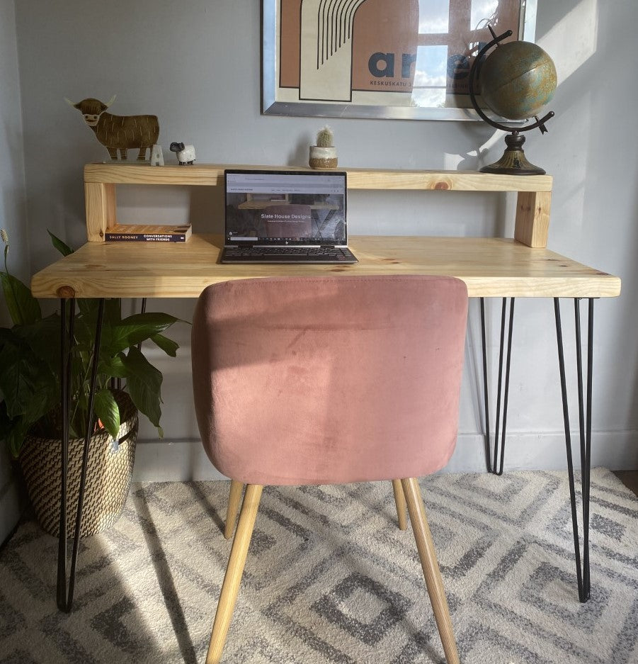 Industrial Redwood Pine Desk with Black Steel Hairpin Legs and Riser Shelf – Practical, Mid-Century Modern Workspace