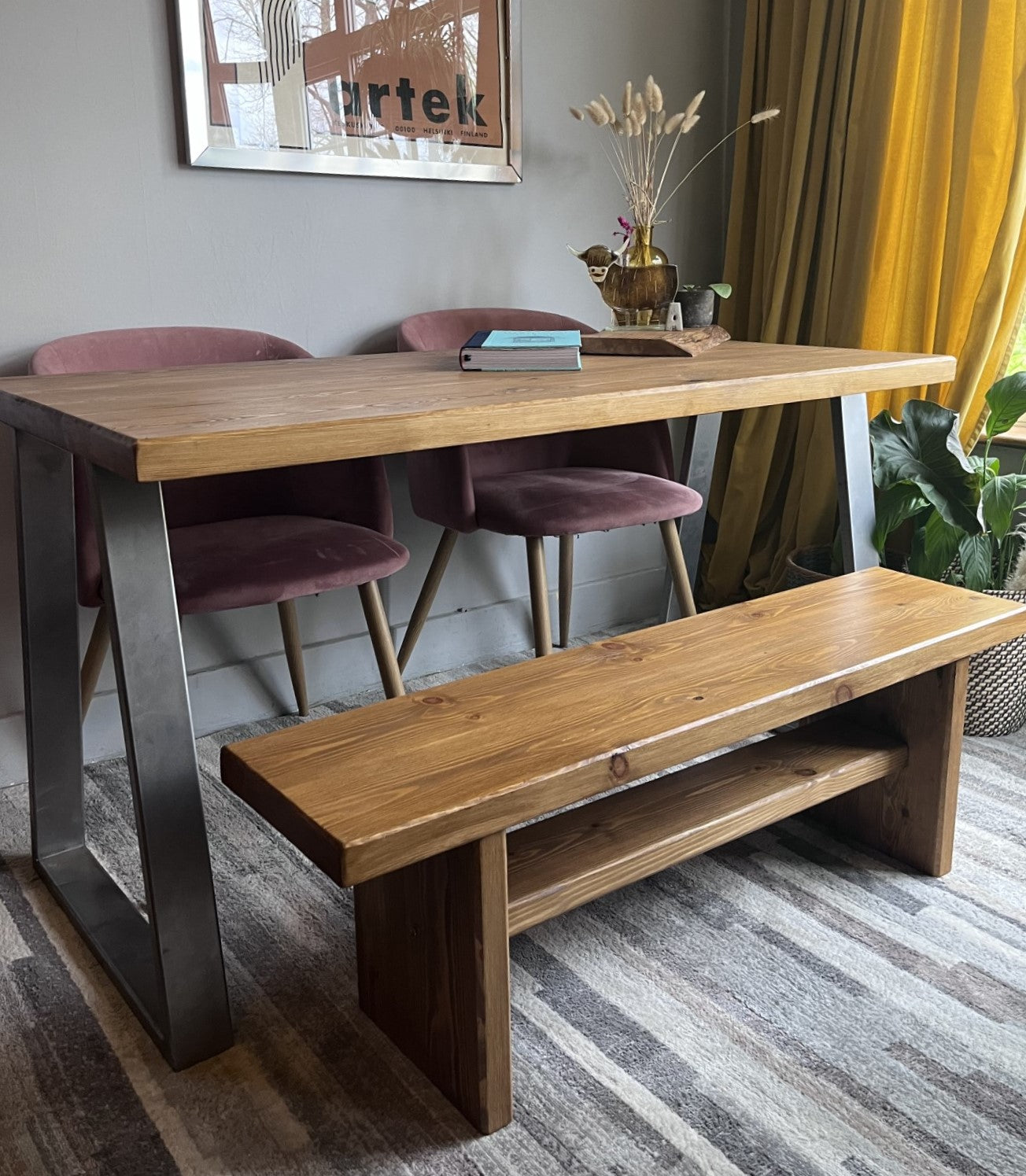 Rustic Industrial Redwood Pine Dining Table with Trapezium Steel Frame Legs – Customisable Mid-Century Modern Design