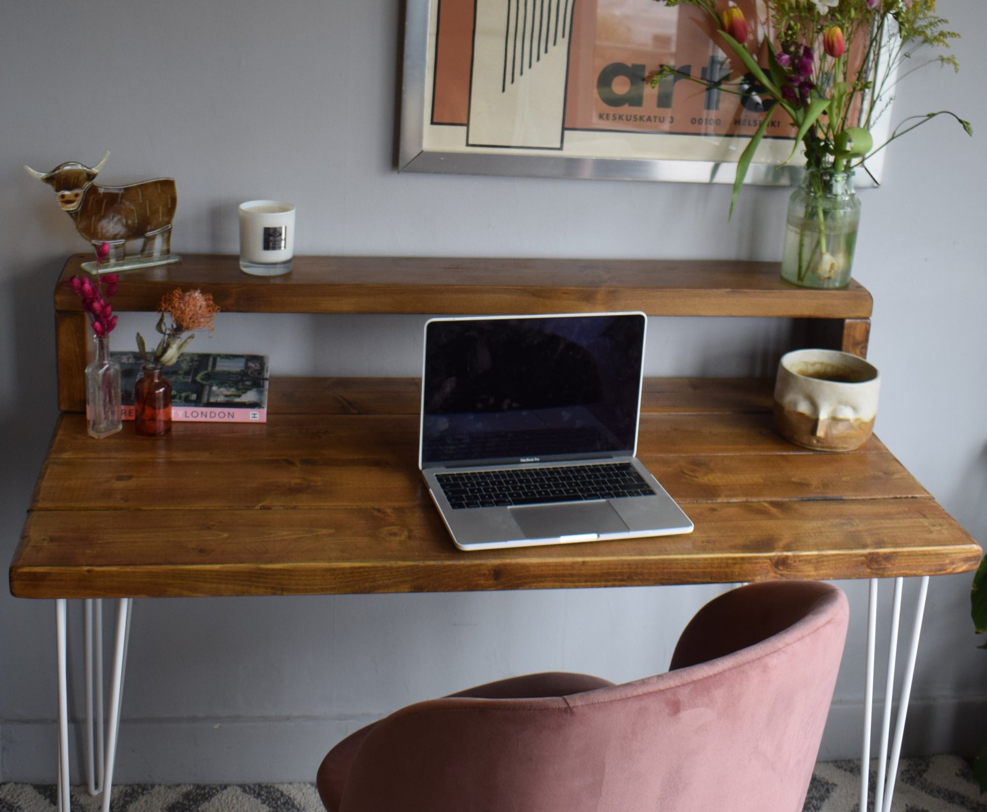 Industrial Reclaimed Pine Desk with White Steel Hairpin Legs and Riser Shelf – Space-Saving, Eco-Friendly Workspace Design