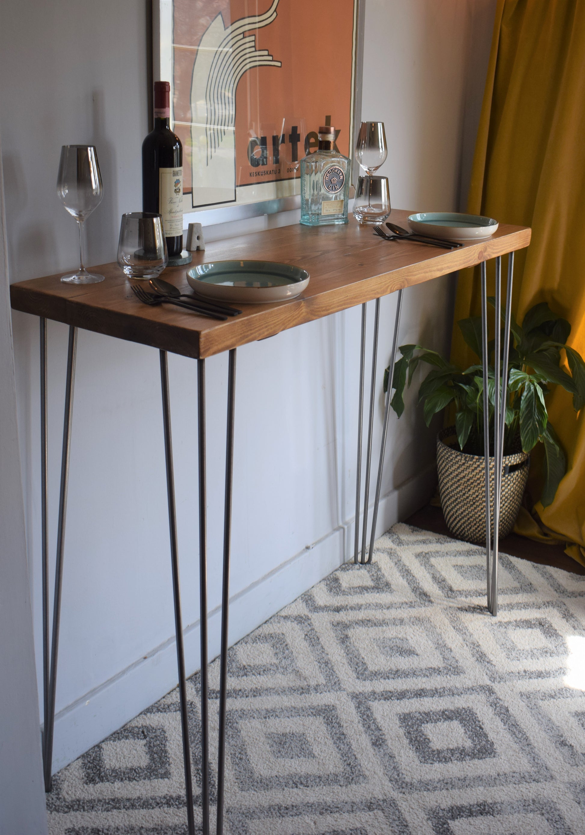 Industrial mid-century modern Scandi breakfast bar with sleek hairpin legs, perfect for a stylish and minimalist kitchen or dining area