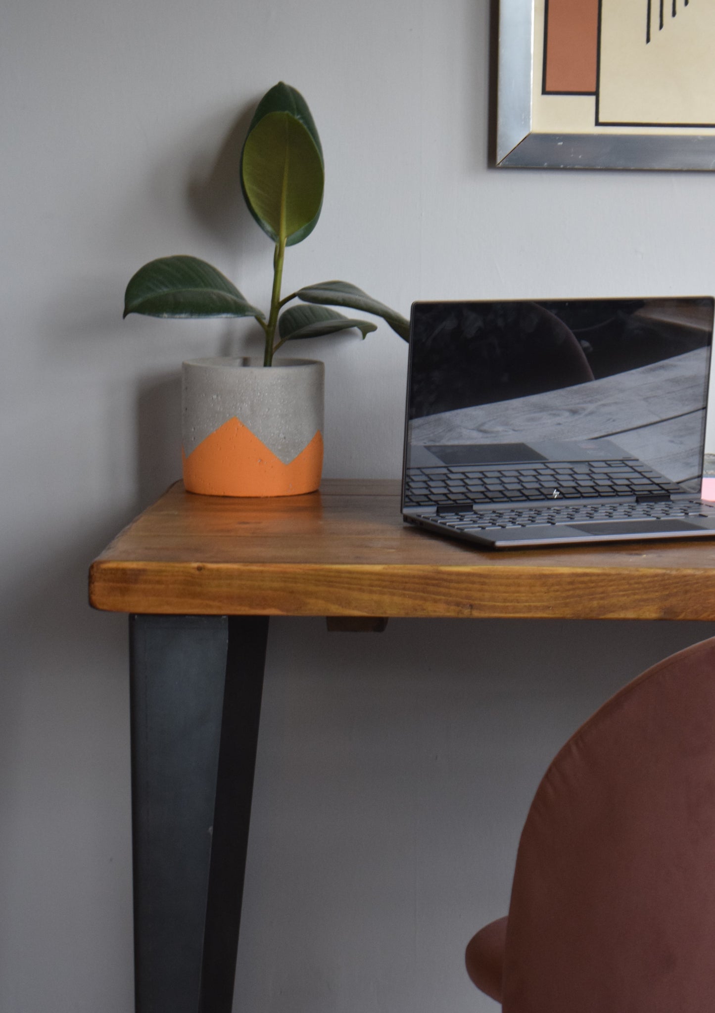 Reclaimed pine desk with T-shaped black steel legs