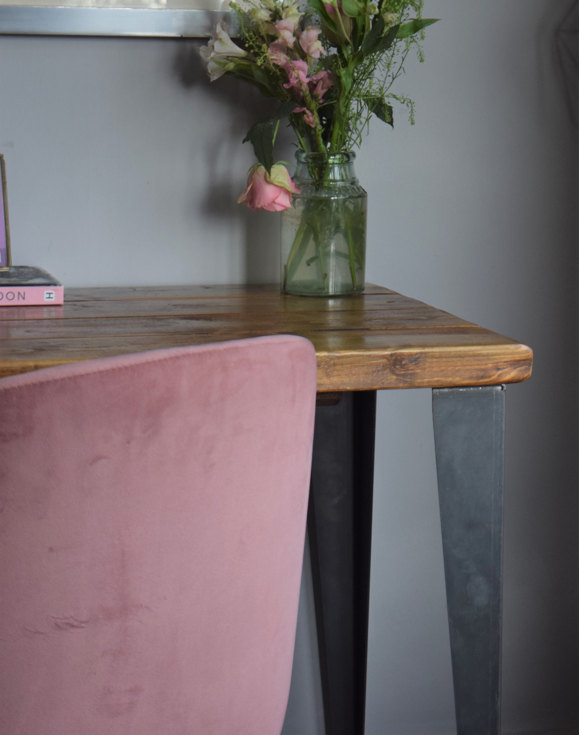 Reclaimed pine desk with T-shaped black steel legs