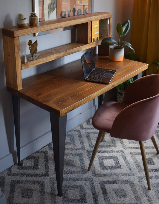 Industrial redwood pine desk with black steel legs and tall shelf