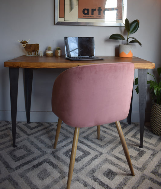 Industrial redwood pine desk with T-shape steel legs