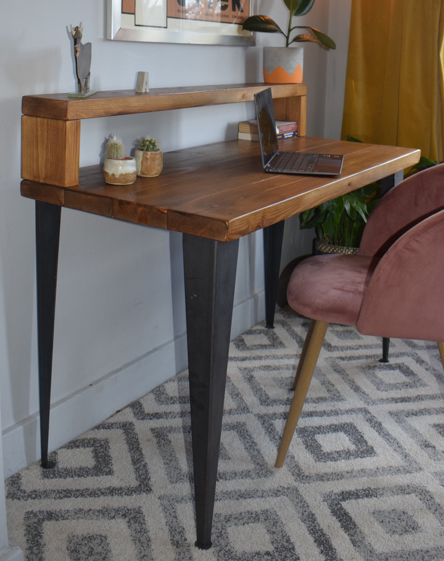 Redwood pine desk with T-shape legs and elevated shelf