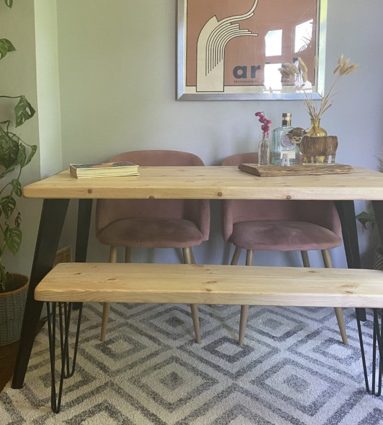 Redwood oak pine table with black tapered legs