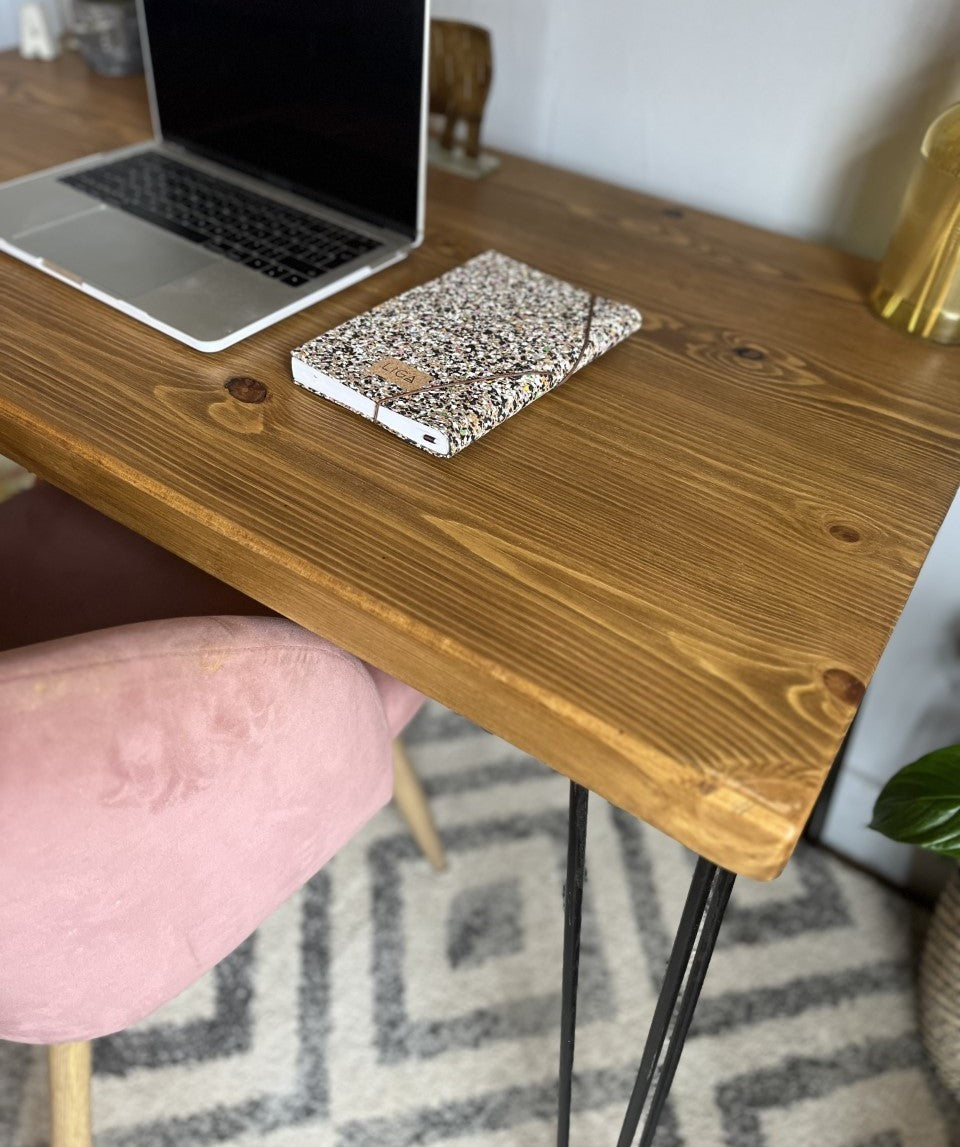 Industrial Redwood Pine Desk with Black Steel Hairpin Legs – Stylish, Durable Mid-Century Modern Office Desk