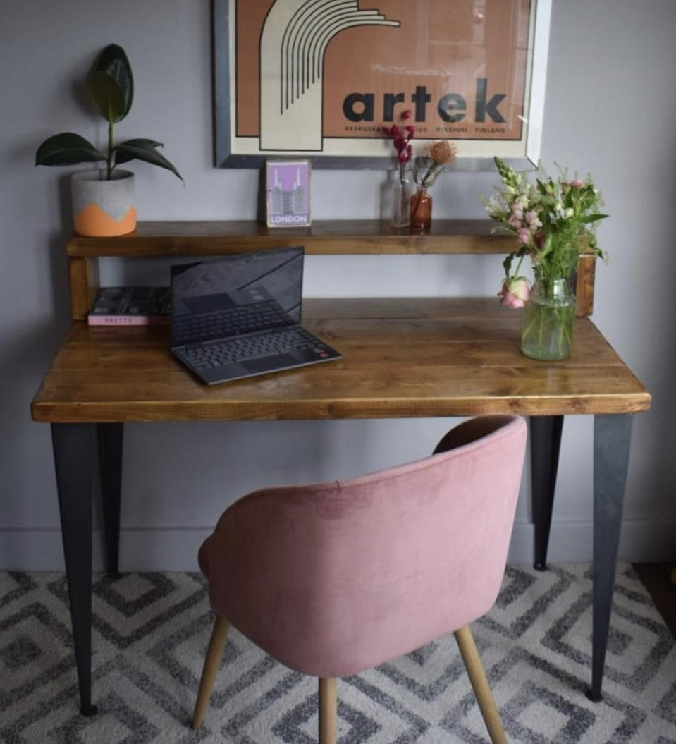 Industrial reclaimed pine desk with black T-shape steel legs and riser shelf