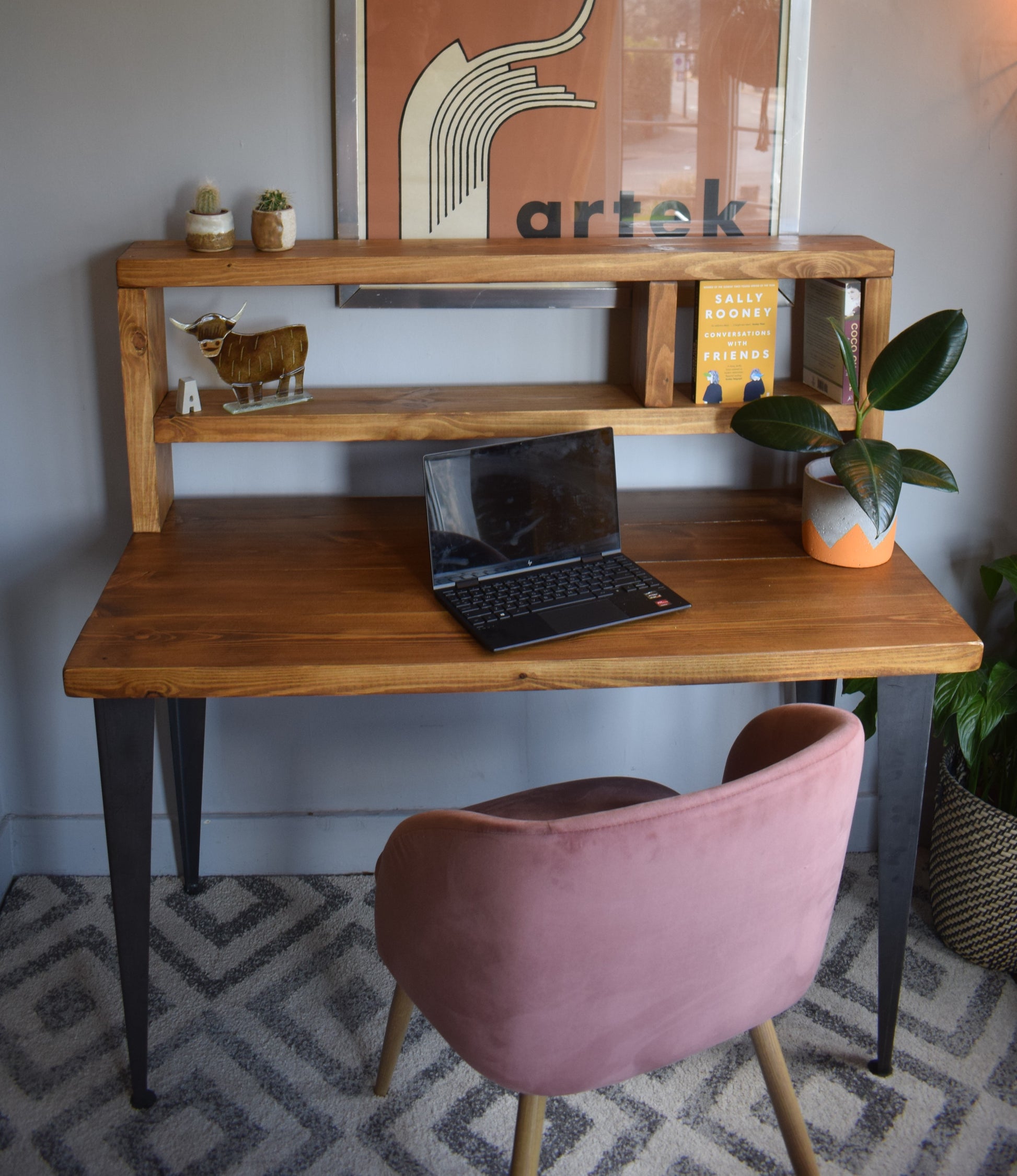 Redwood pine desk with tall shelf and industrial black legs
