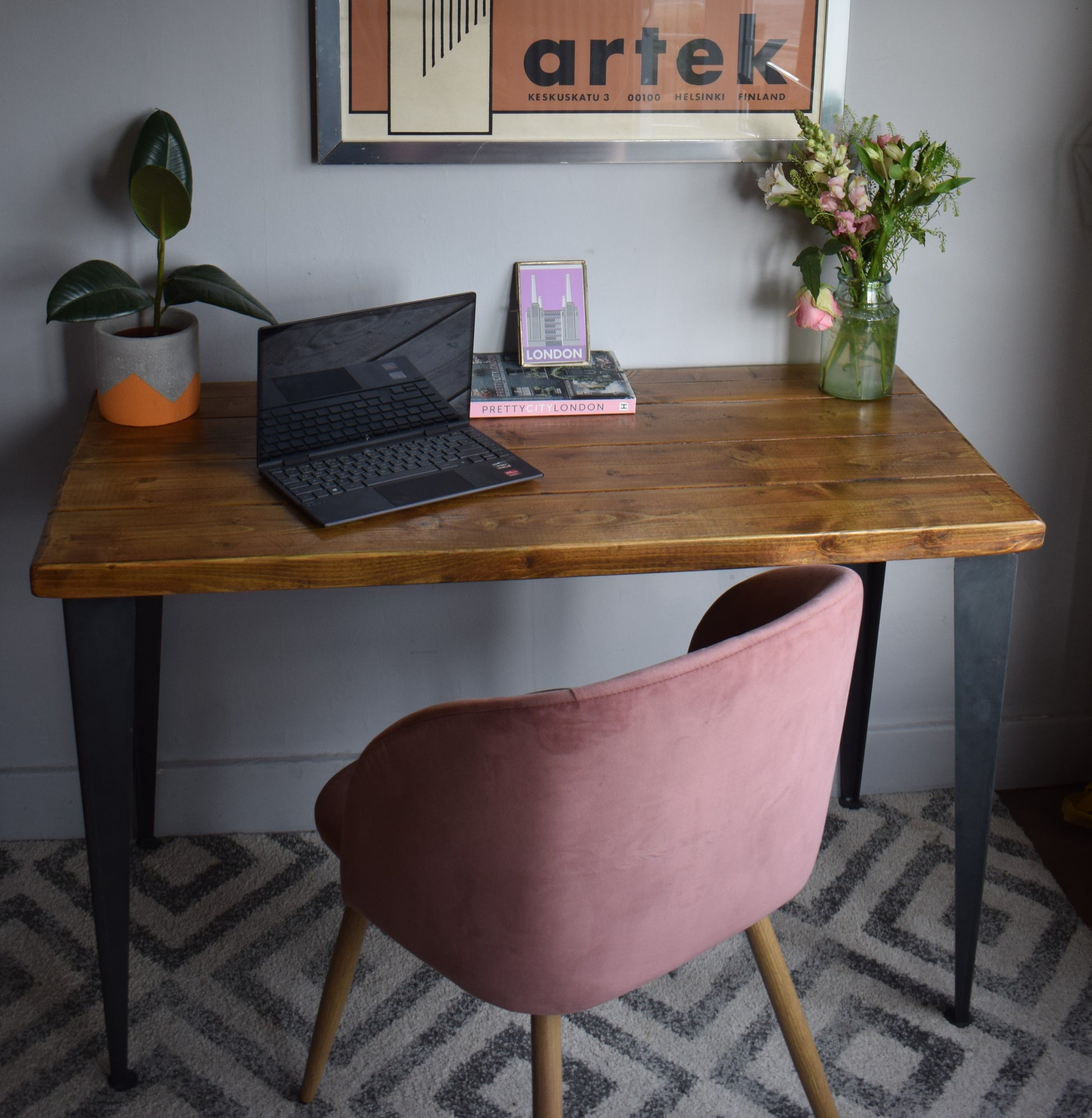 Reclaimed pine desk with T-shaped black steel legs