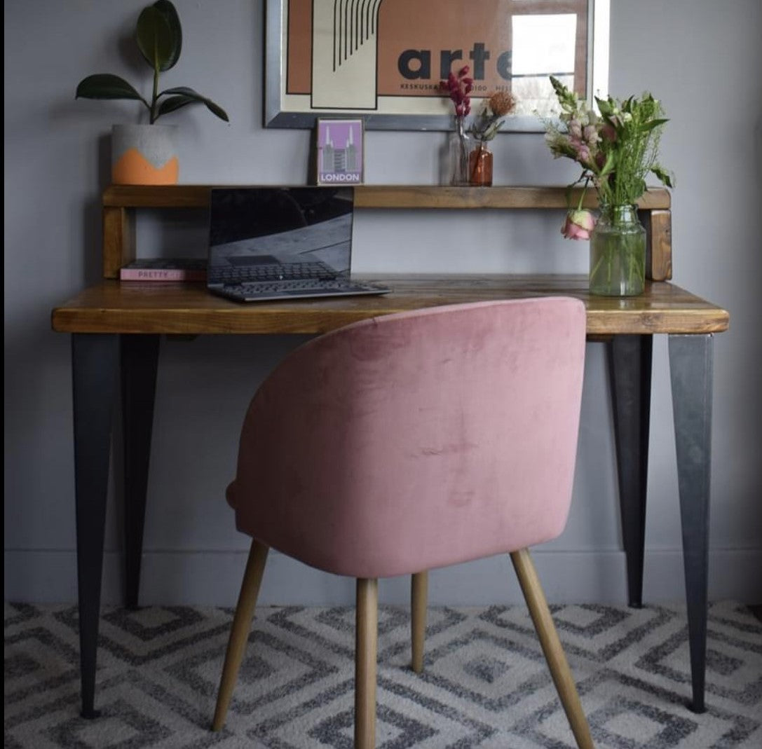 Industrial reclaimed pine desk with black T-shape steel legs and riser shelf