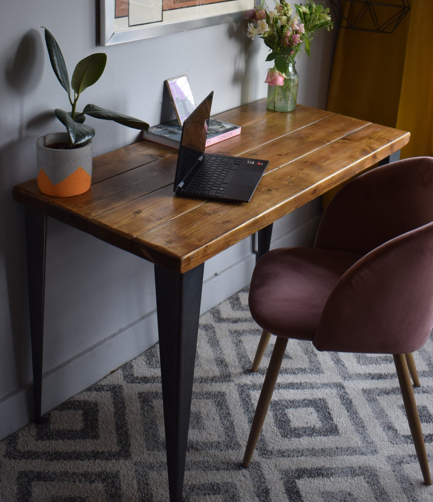 Reclaimed pine desk with T-shaped black steel legs