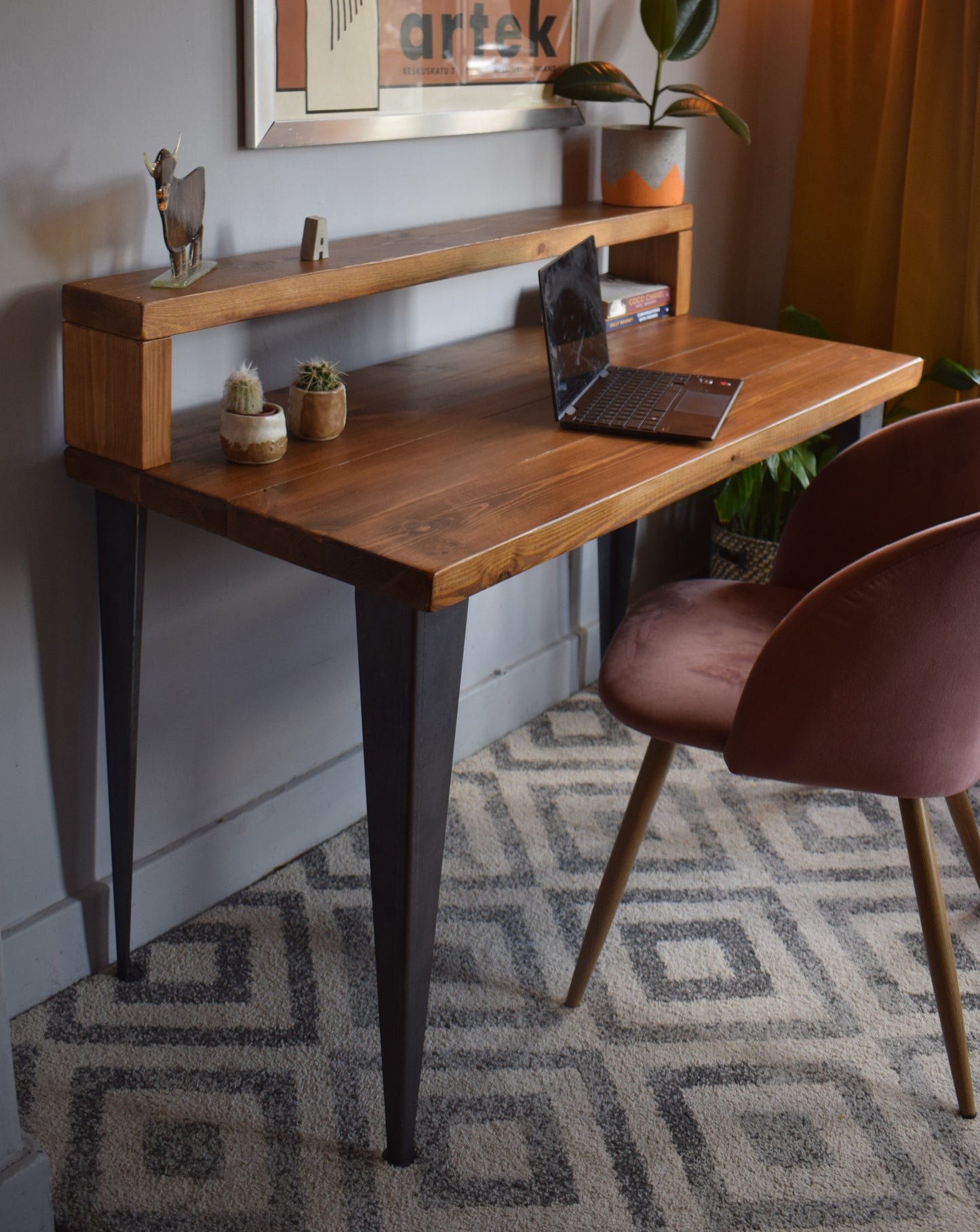 Mid-century modern redwood pine desk with riser shelf