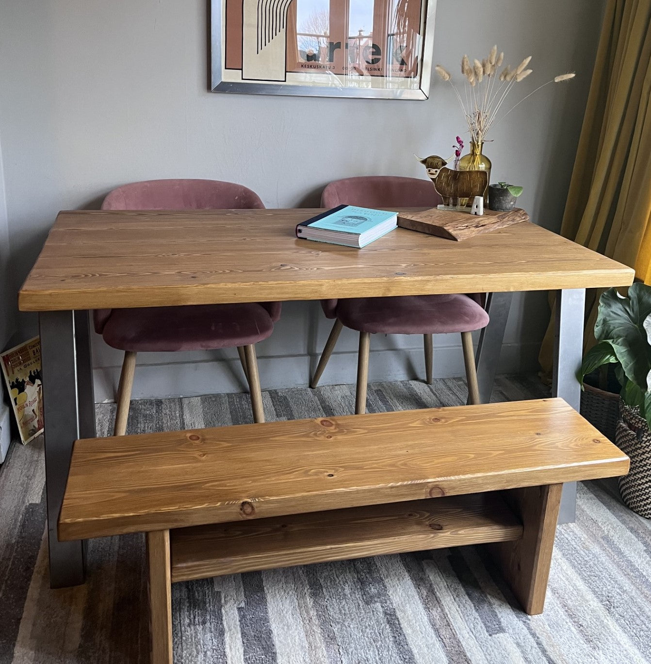 Rustic Industrial Redwood Pine Dining Table with Trapezium Steel Frame Legs – Customisable Mid-Century Modern Design