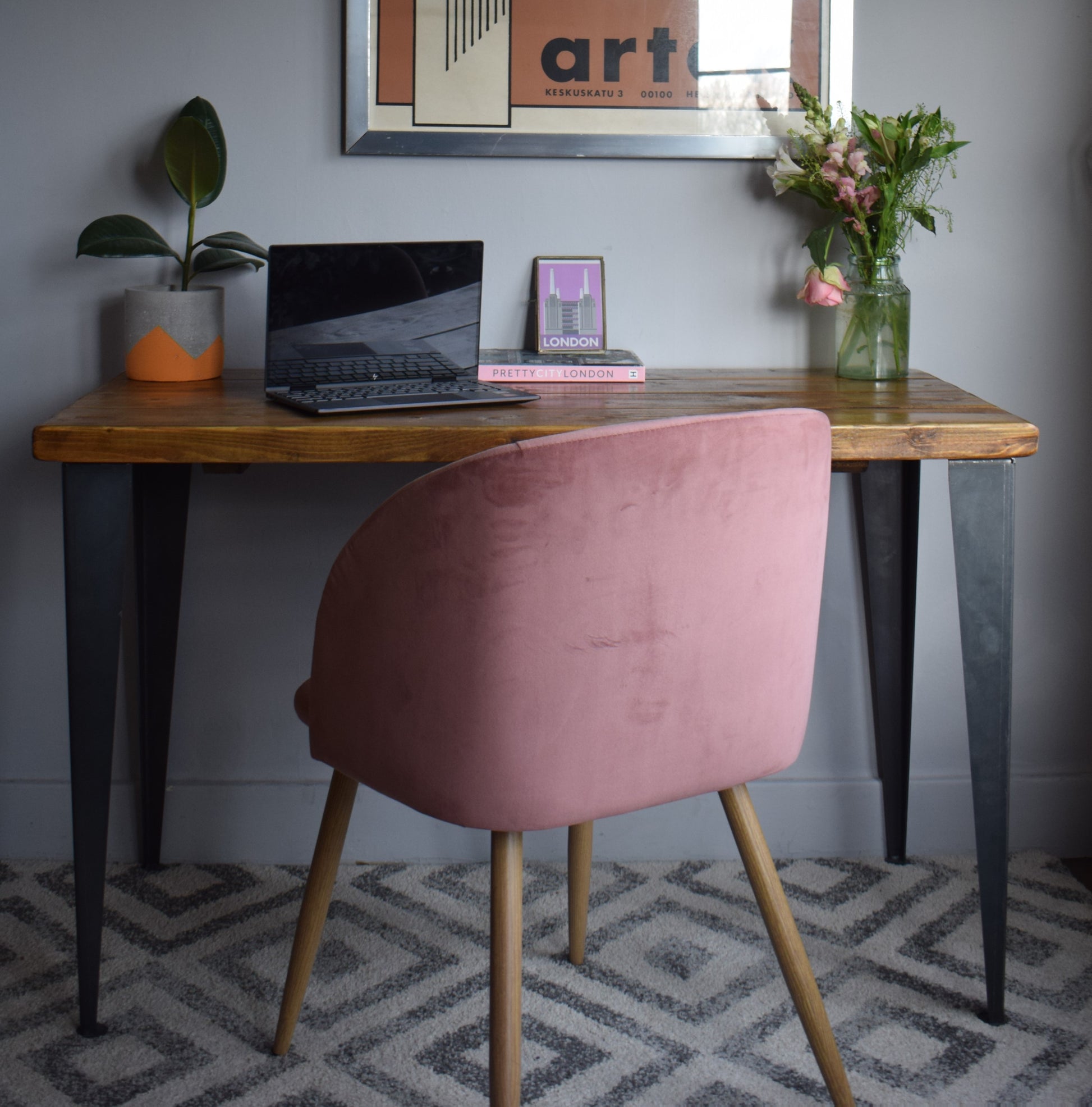 Reclaimed pine desk with T-shaped black steel legs