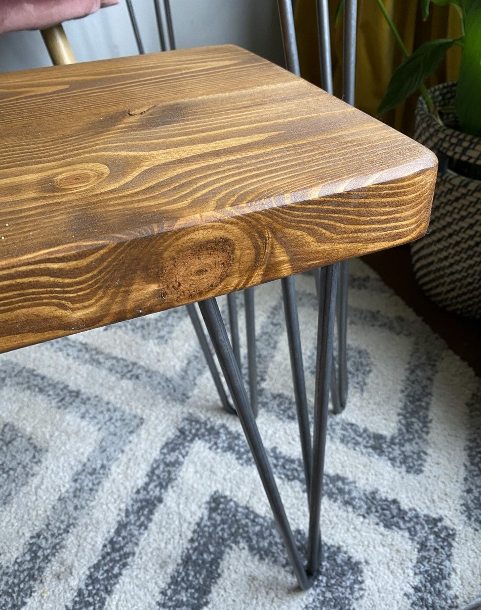 Rustic Industrial Redwood Pine Dining Table with Raw Steel Hairpin Legs – Customisable Mid-Century Modern Design