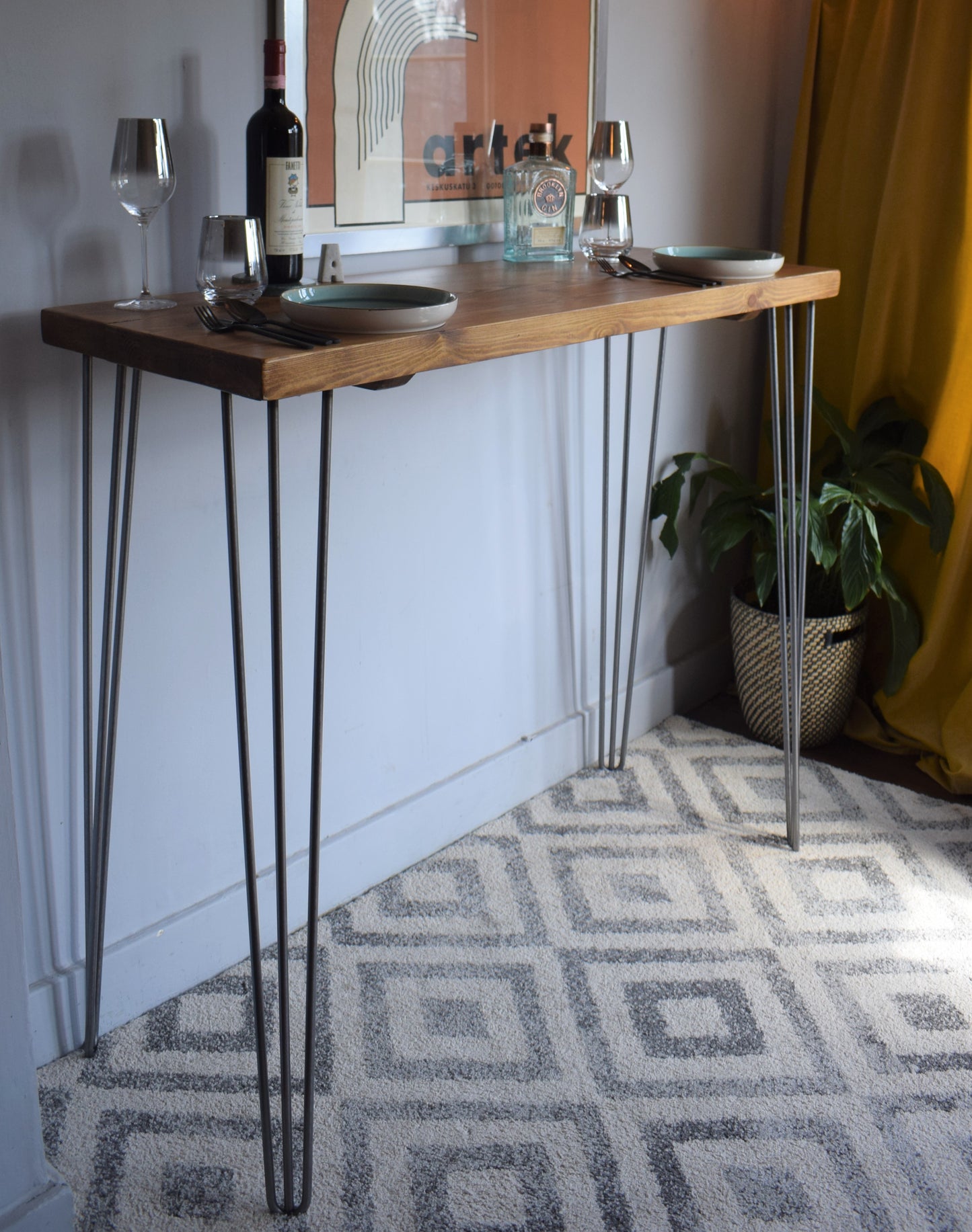 Industrial mid-century modern Scandi breakfast bar with sleek hairpin legs, perfect for a stylish and minimalist kitchen or dining area