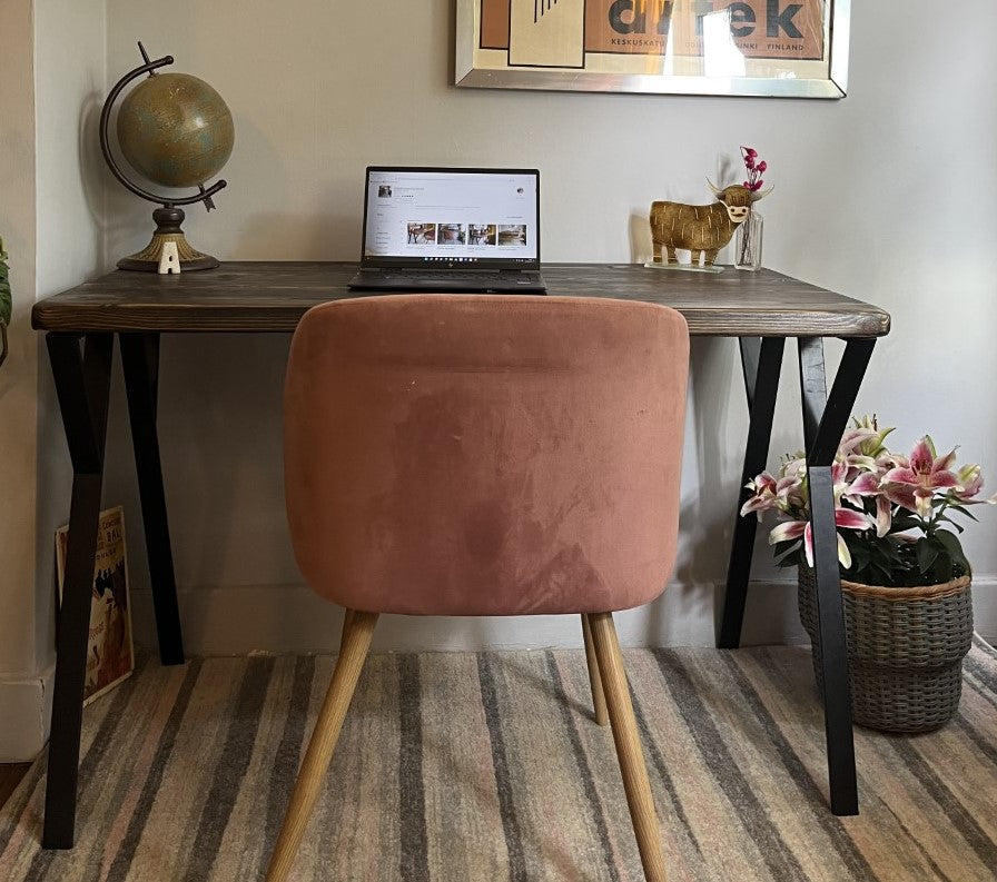 Industrial redwood pine desk with black steel legs and ebony finish, perfect for mid-century modern home office décor