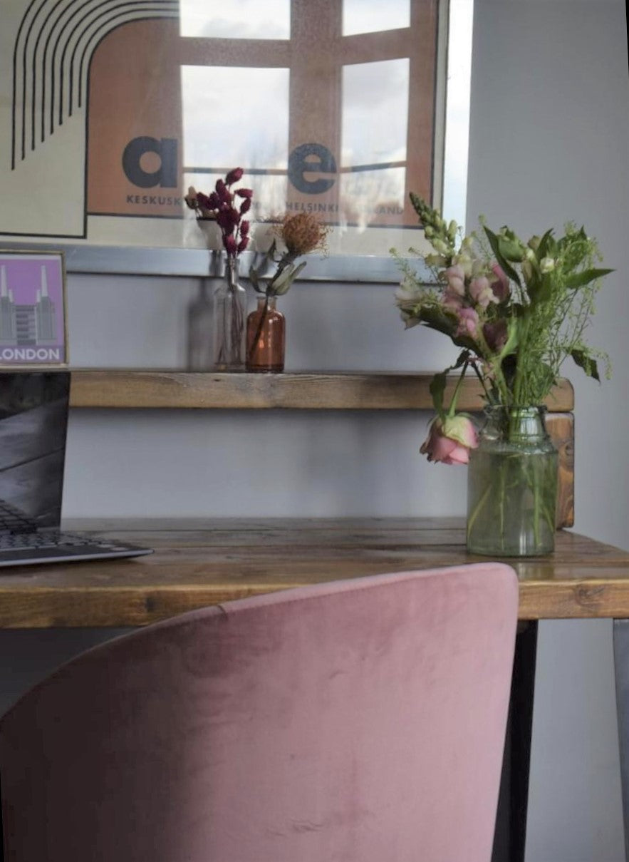 Industrial reclaimed pine desk with black T-shape steel legs and riser shelf