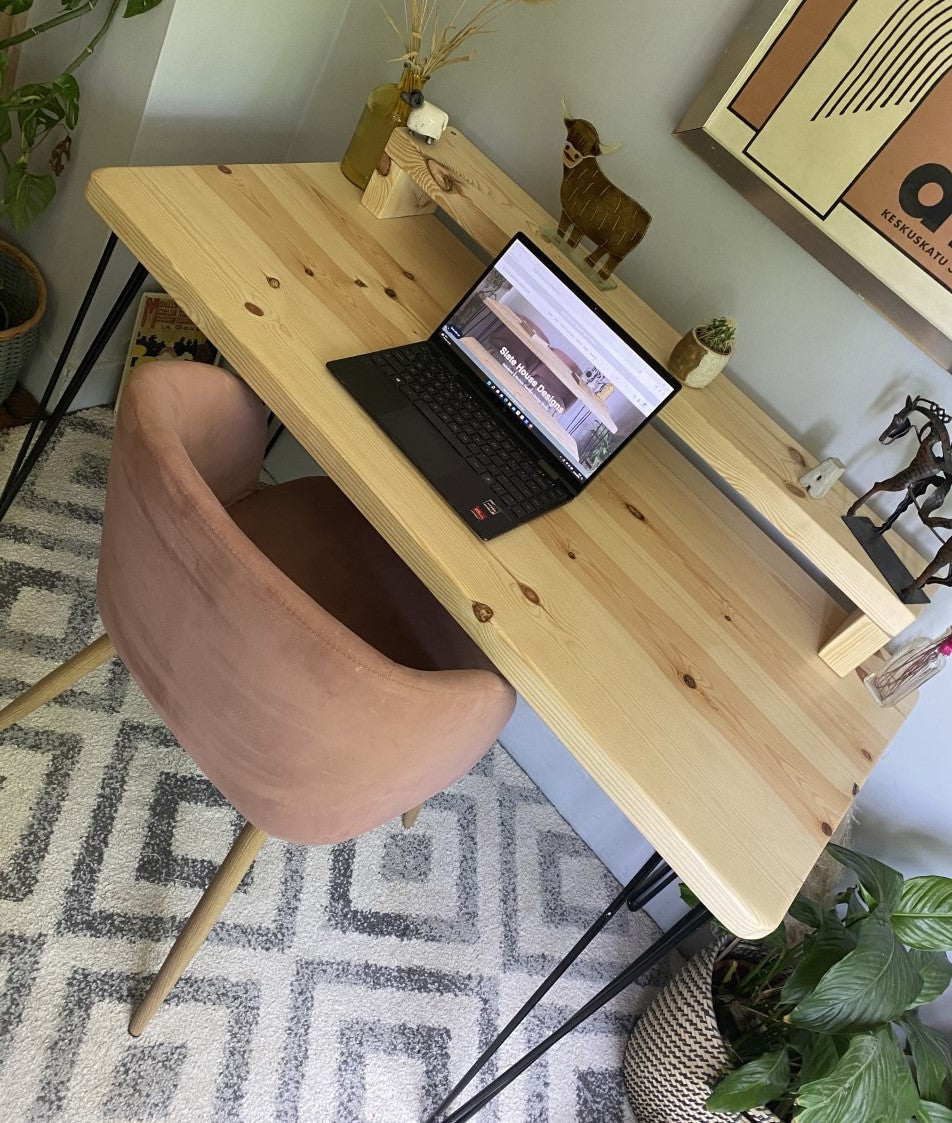 Industrial Redwood Pine Desk with Black Steel Hairpin Legs, Mid Shelf, and Riser – Stylish Mid-Century Modern Workspace