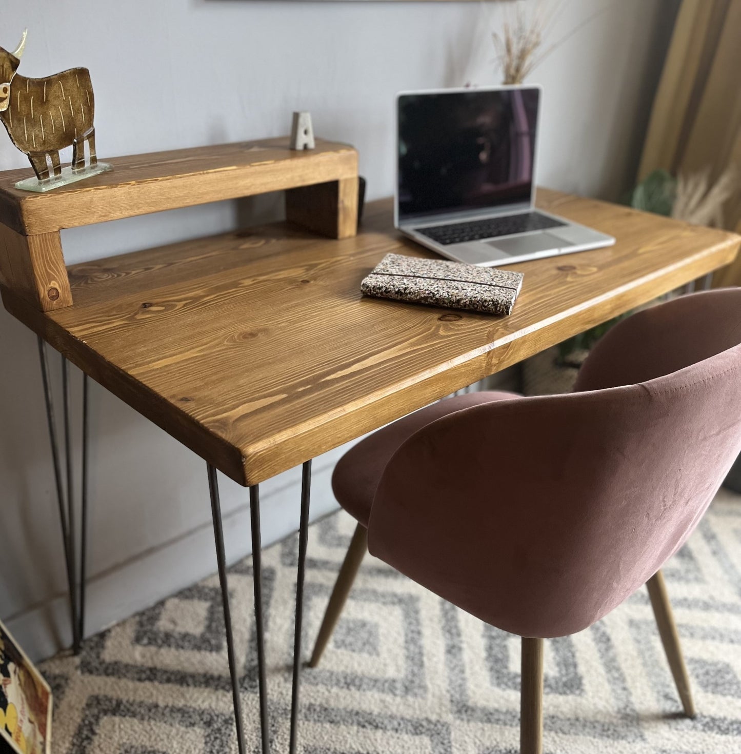 Industrial Redwood Pine Desk with Black Steel Hairpin Legs, Half Shelf, and Riser – Customisable Mid-Century Modern Workspace