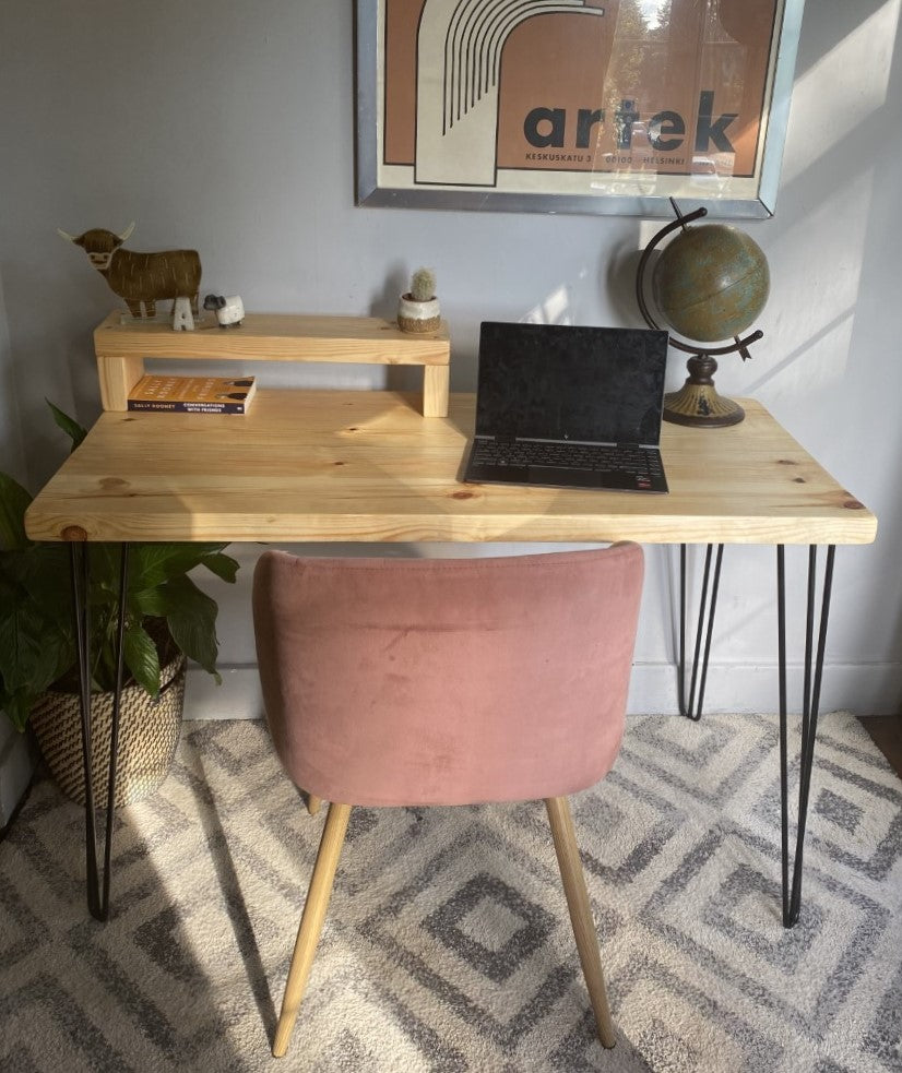 Industrial Redwood Pine Desk with Black Steel Hairpin Legs, Half Shelf, and Riser – Functional, Mid-Century Modern Office Furniture