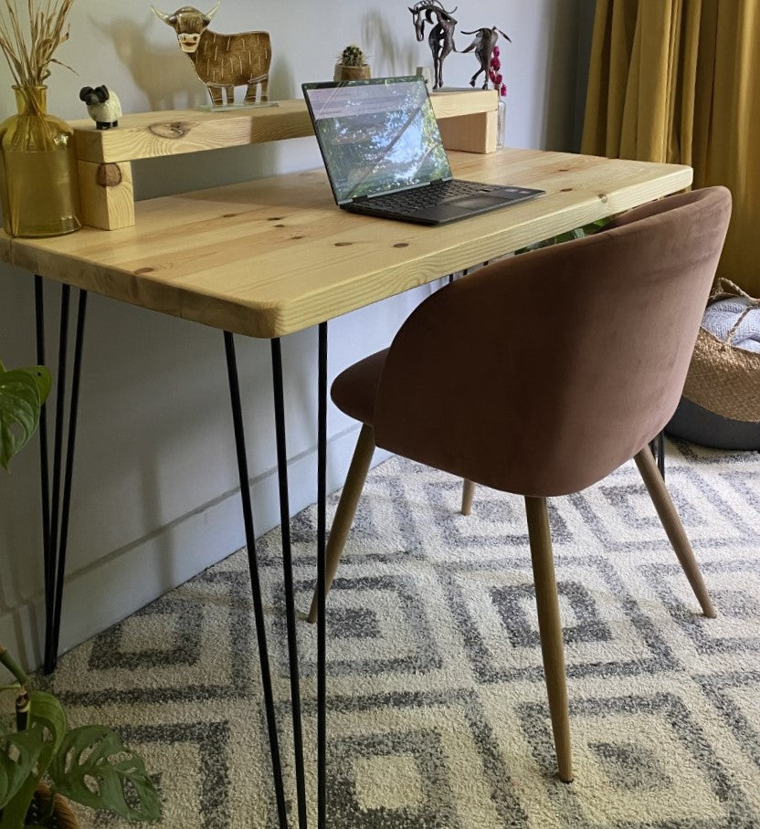 Industrial Redwood Pine Desk with Black Steel Hairpin Legs, Mid Shelf, and Riser – Stylish Mid-Century Modern Workspace