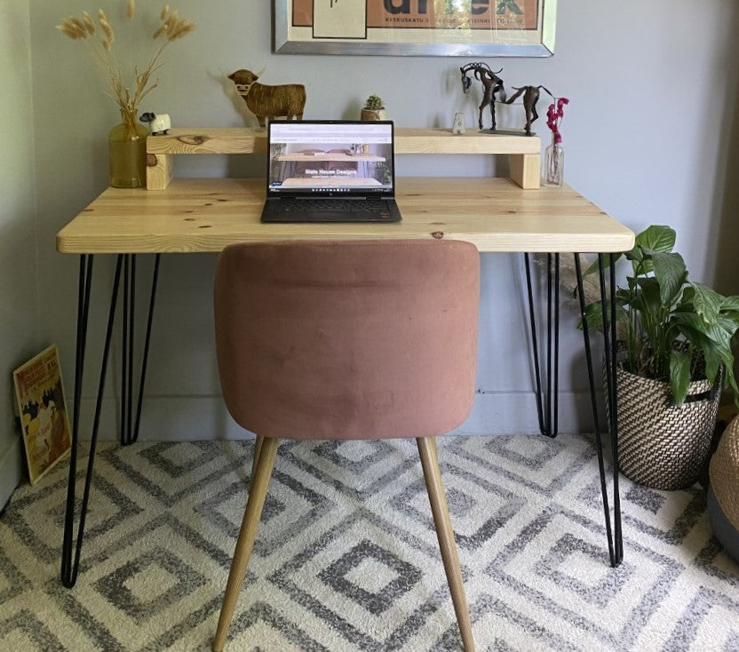 Industrial Redwood Pine Desk with Black Steel Hairpin Legs, Mid Shelf, and Riser – Stylish Mid-Century Modern Workspace