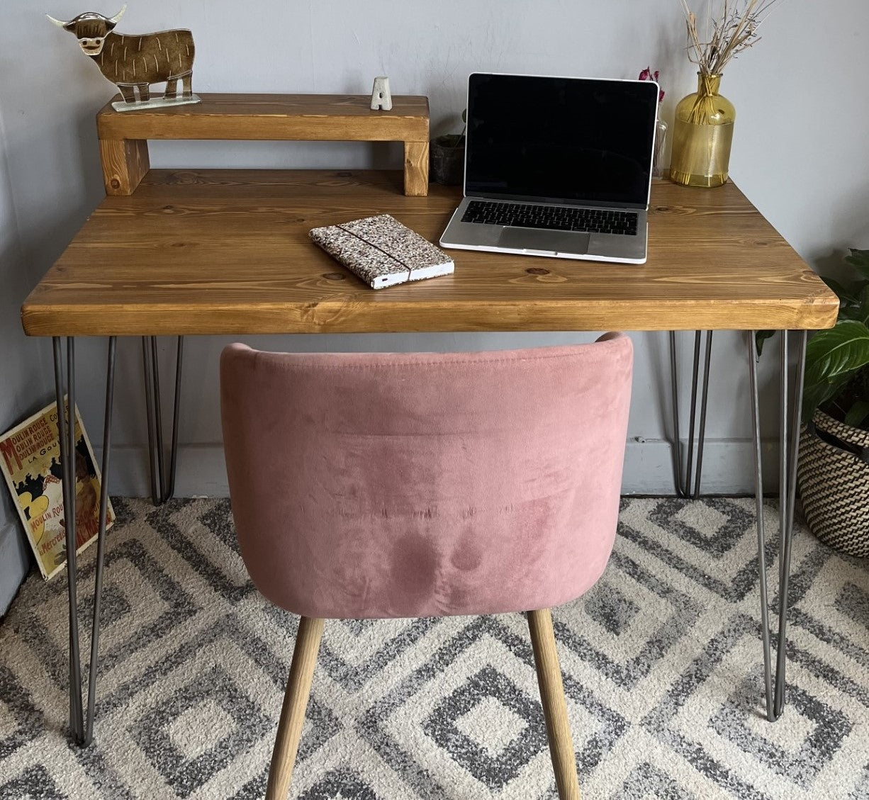 Industrial Redwood Pine Desk with Black Steel Hairpin Legs, Half Shelf, and Riser – Customisable Mid-Century Modern Workspace