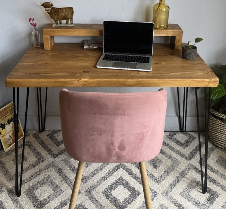 Industrial Redwood Pine Desk with Black Steel Legs, Mid Shelf, and Riser – Practical Mid-Century Modern Workspace